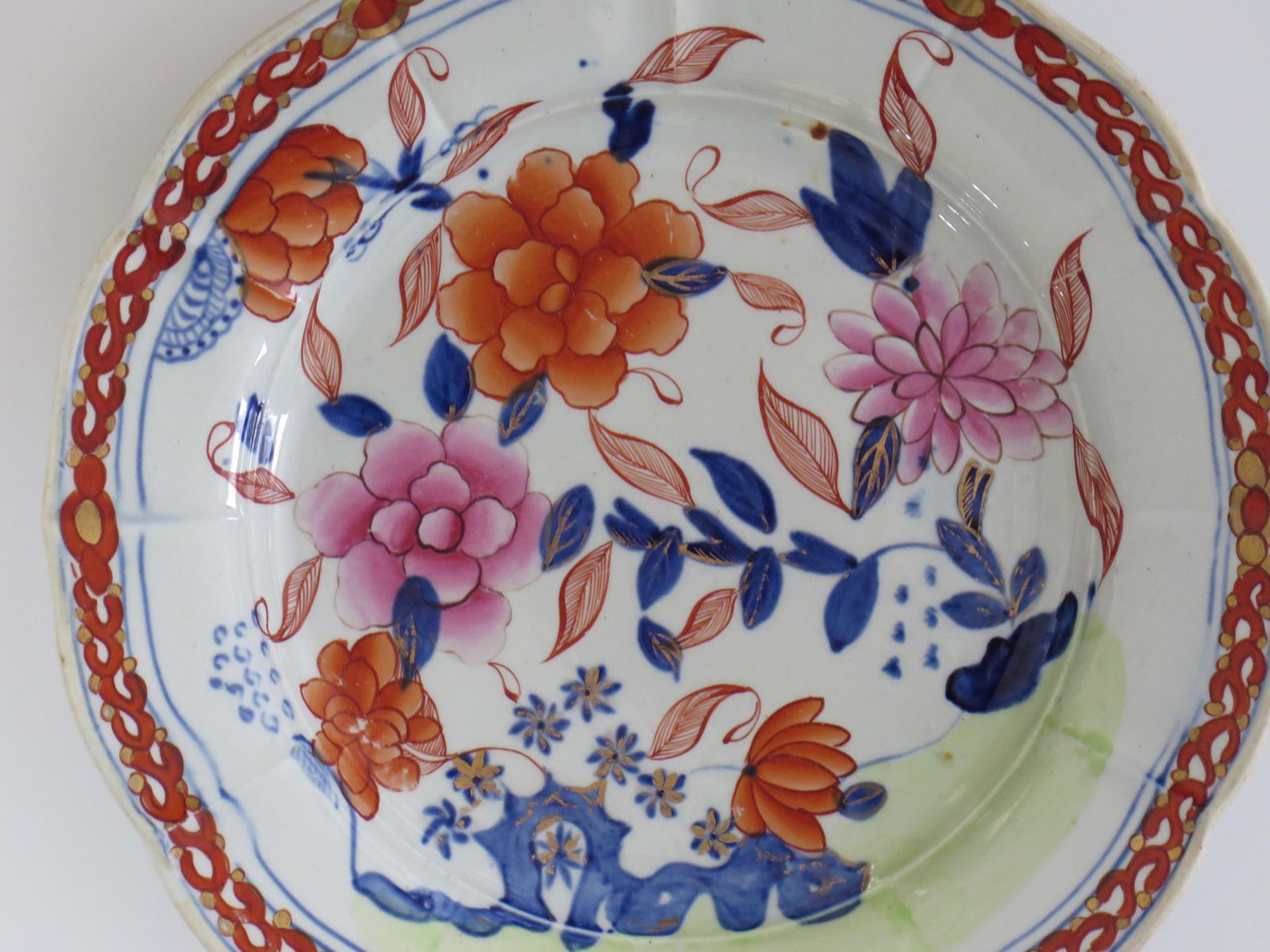 photo for sale Georgian Masons Ironstone Desert Plate In Pink Rose On Stem & Rock Ptn, Ca 1818