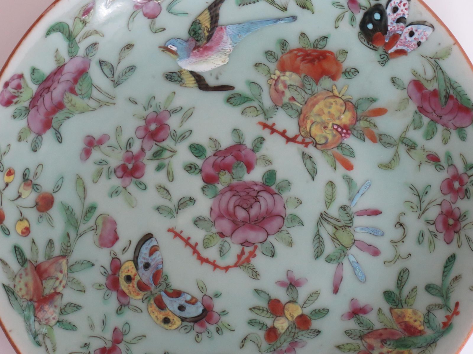 photo for sale Chinese Porcelain Large Plate Or Dish Celadon Famille Rose Hand Painted, Ca 1820