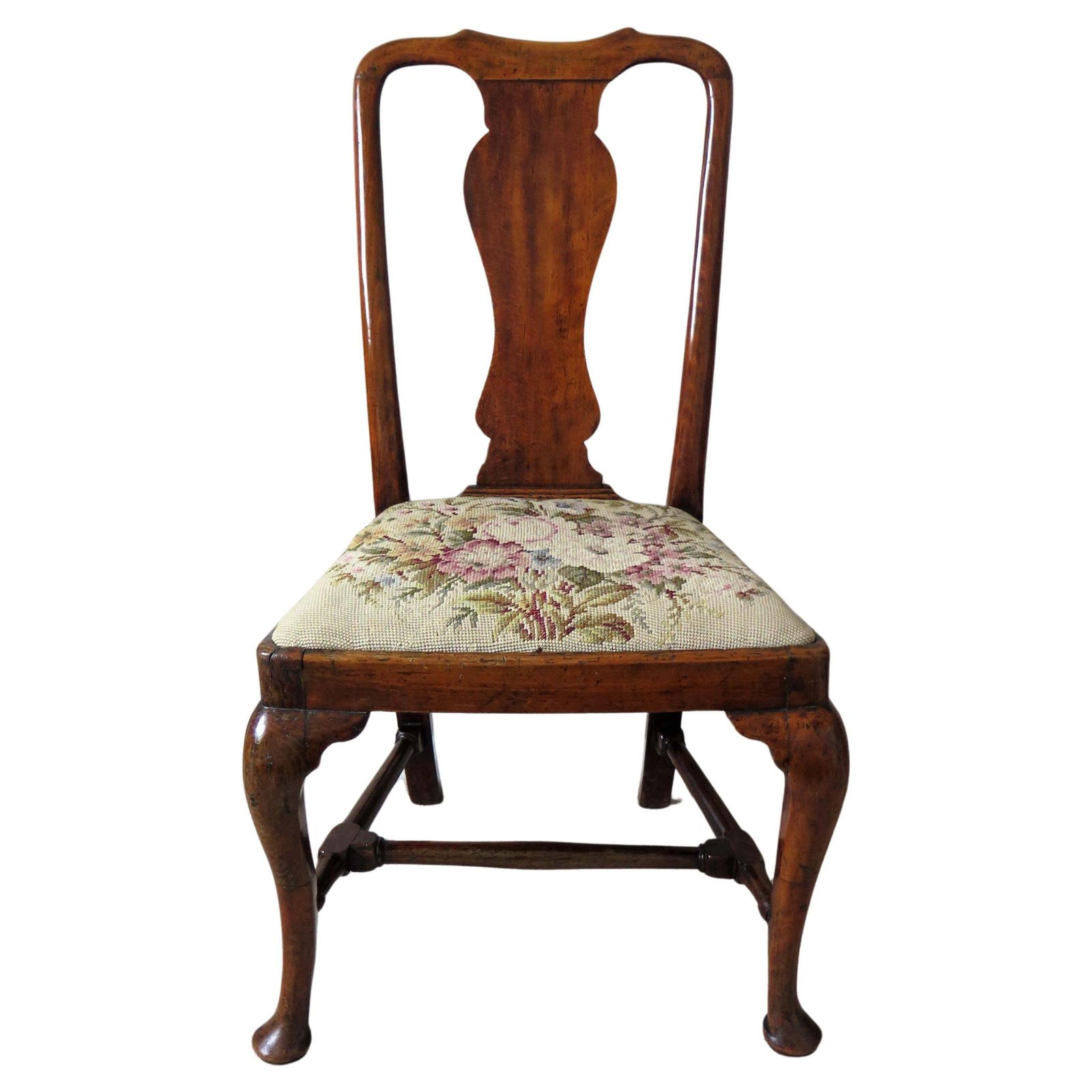 Queen Anne Period Walnut Chair Cabriole Legs And Stretchers, English Circa 1700