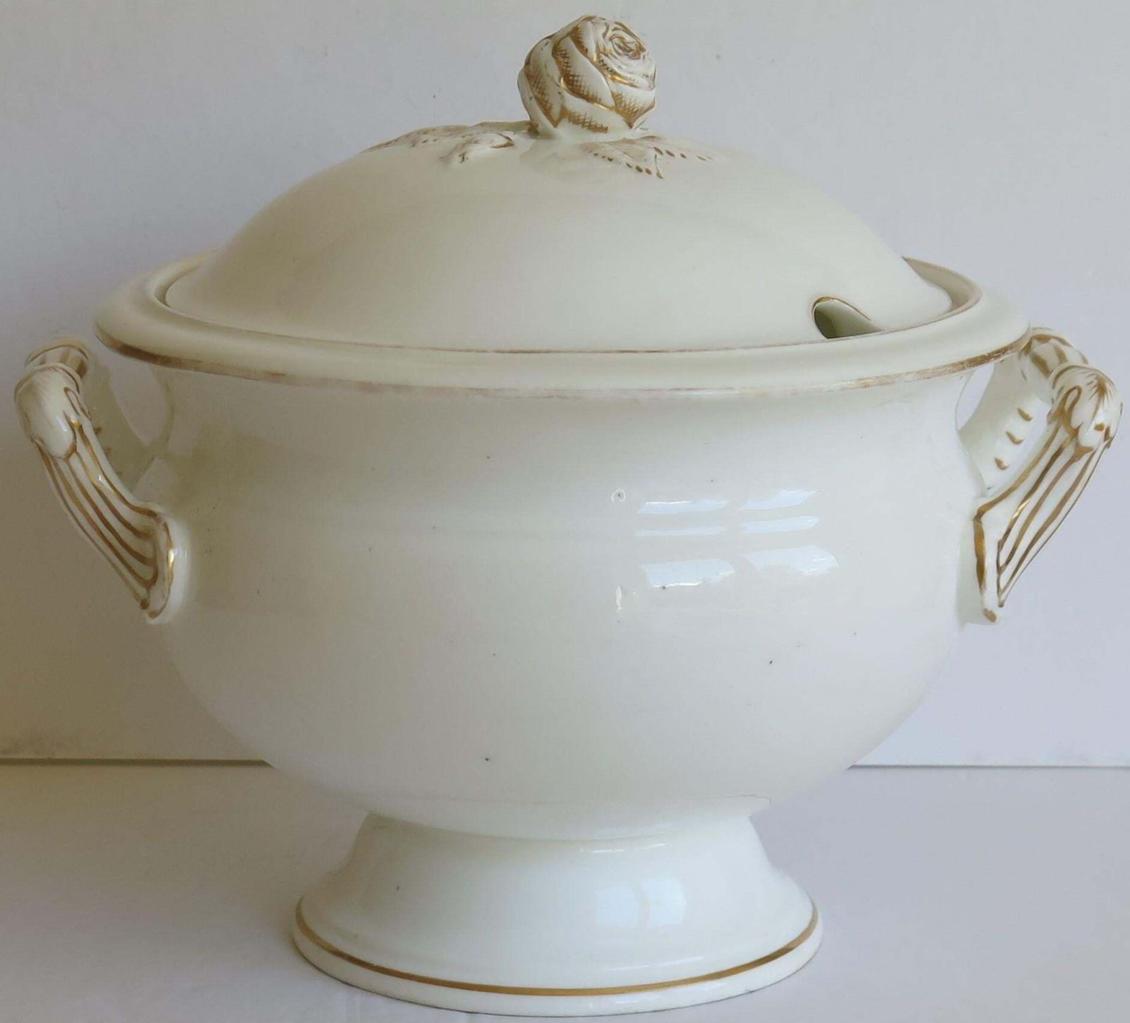 Large 19th Century Porcelain Tureen Gilded Moulded Handles & Rose Knop To Lid photo for sale
