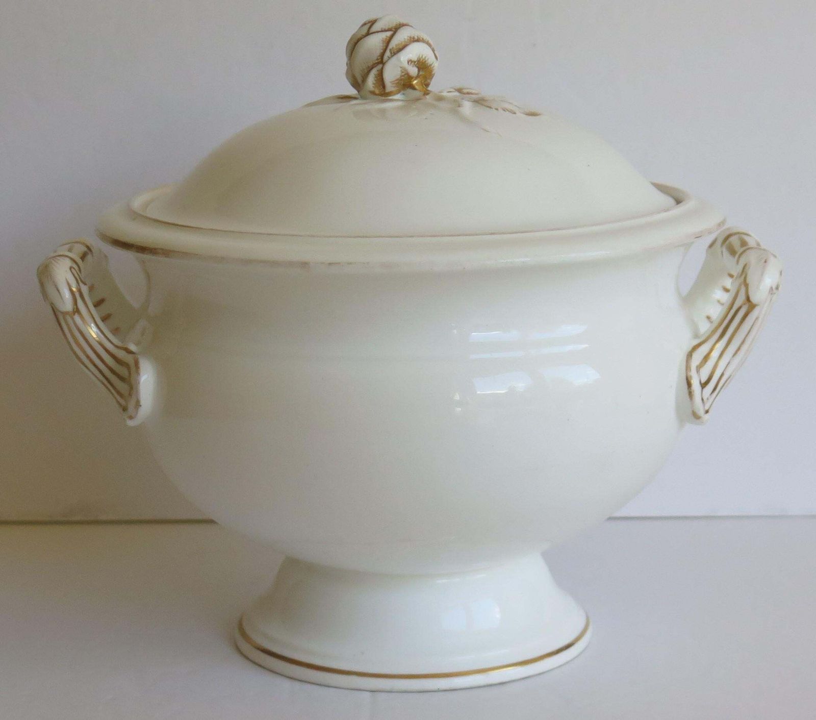 Large 19th Century Porcelain Tureen Gilded Moulded Handles & Rose Knop To Lid photo vinterior