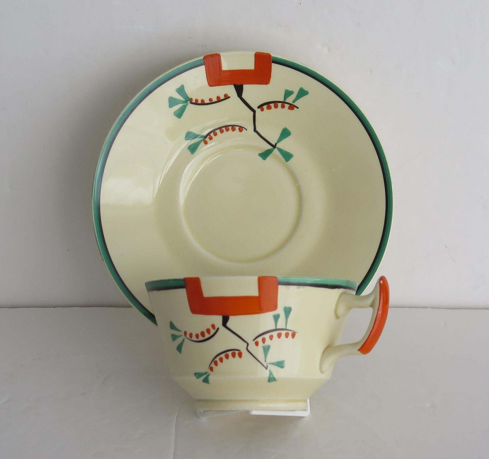 Clarice Cliff Cup And Saucer Duo Ravel Pattern Athens Shape, Art Deco Circa 1936 photo for sale