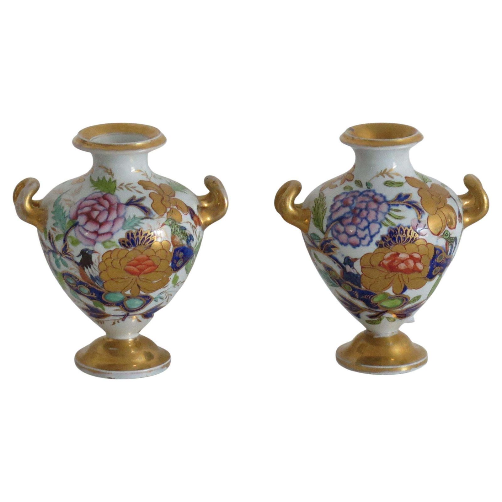 Rare Pair Masons Ironstone Small Vases Fence Rock & Gold Flower Pattern, Ca 1820