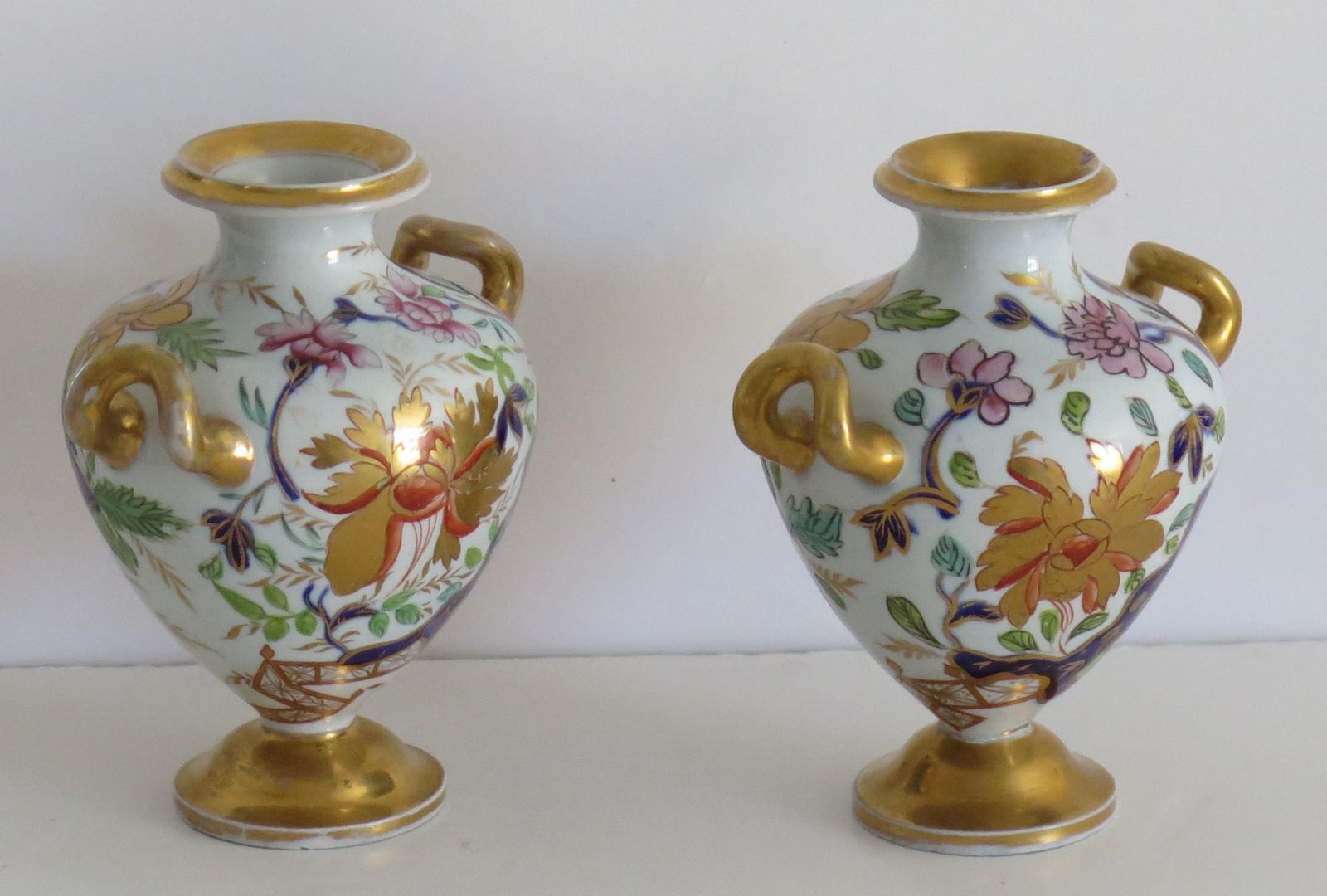 Rare Pair Masons Ironstone Small Vases Fence Rock & Gold Flower Pattern, Ca 1820 photo Home Decor