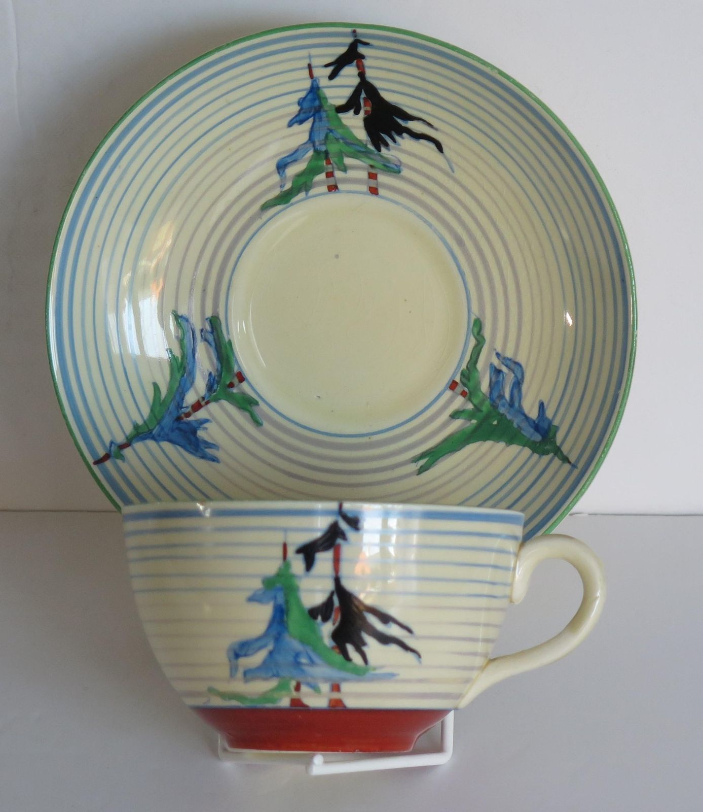 Clarice Cliff Cup And Saucer Rare Pine Grove Bizarre Ptn Art Deco, Circa 1935 photo for sale