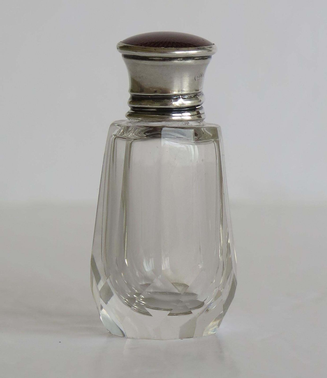 Burgundy Guilloche & Silver Topped Cut Glass Scent Or Perfume Bottle London 1921 photo furniture