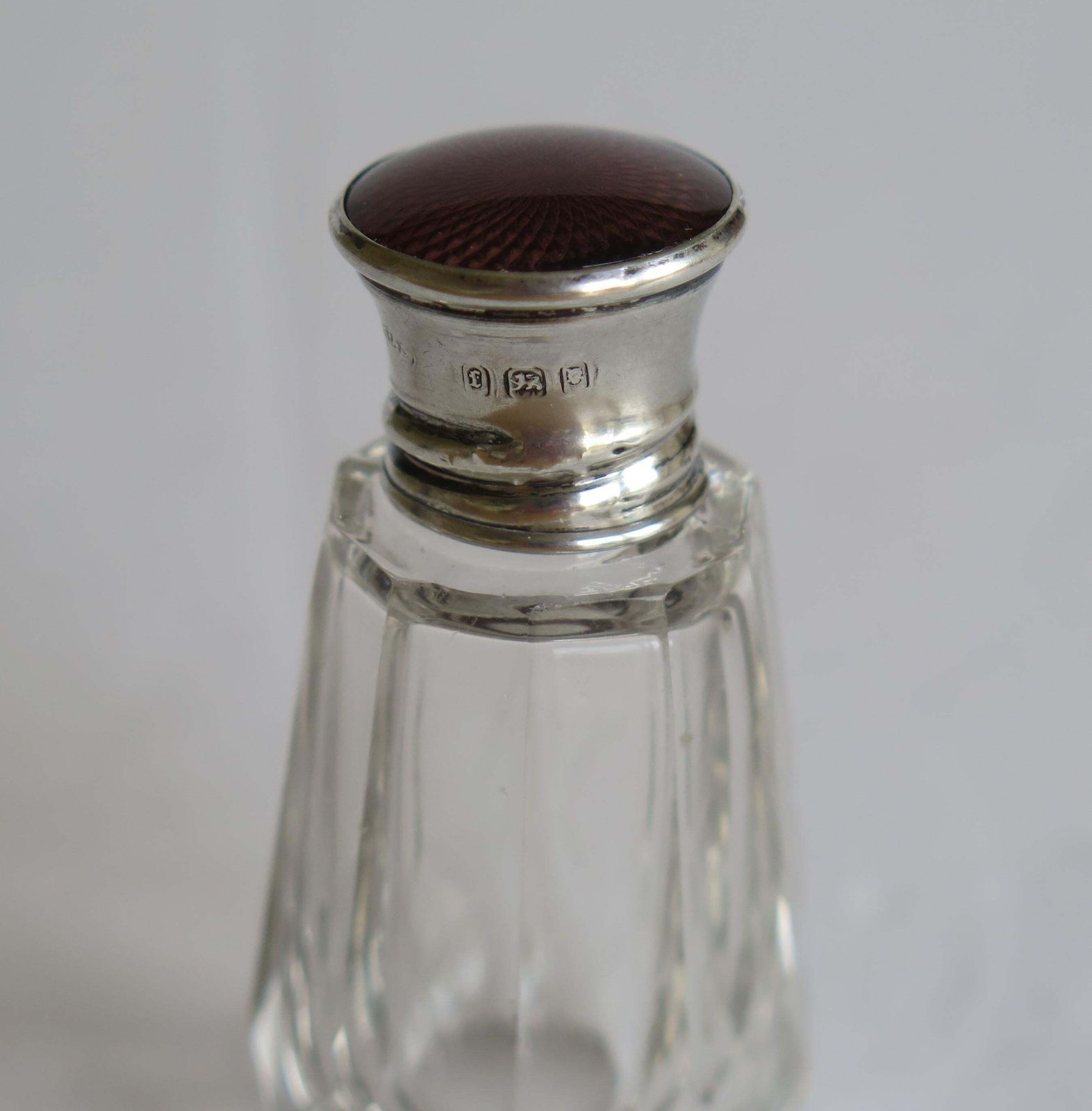 photo furniture Burgundy Guilloche & Silver Topped Cut Glass Scent Or Perfume Bottle London 1921