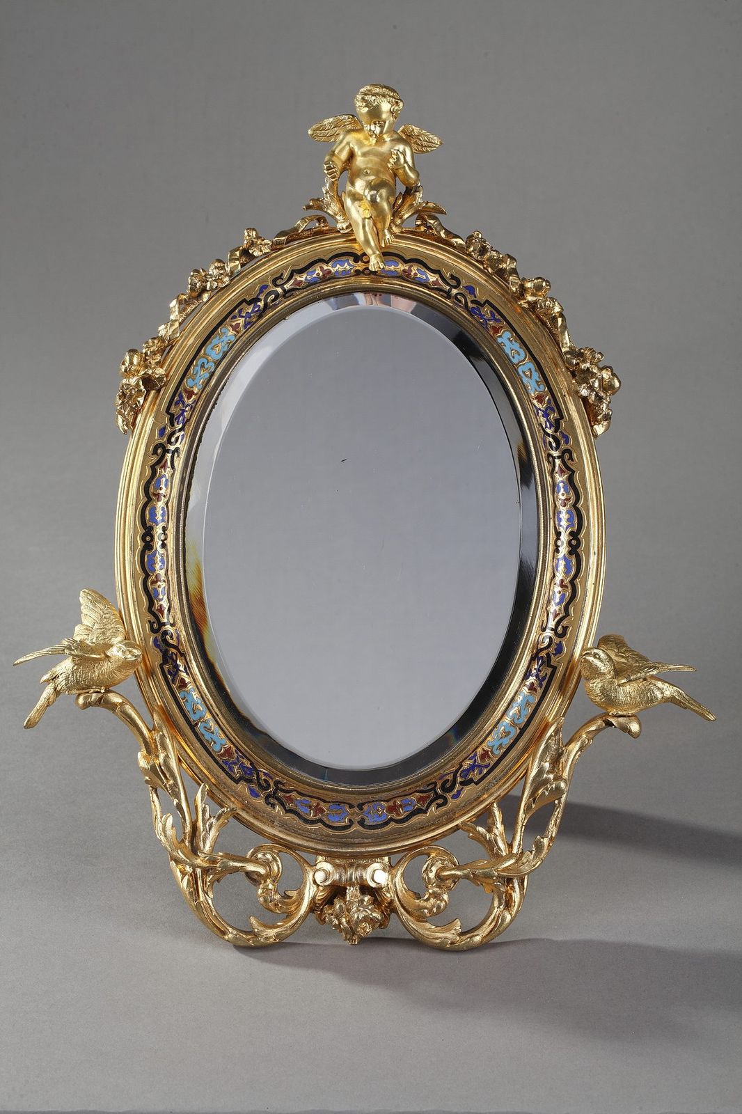 Petit miroir de table en bronze doré émaillé champlevé