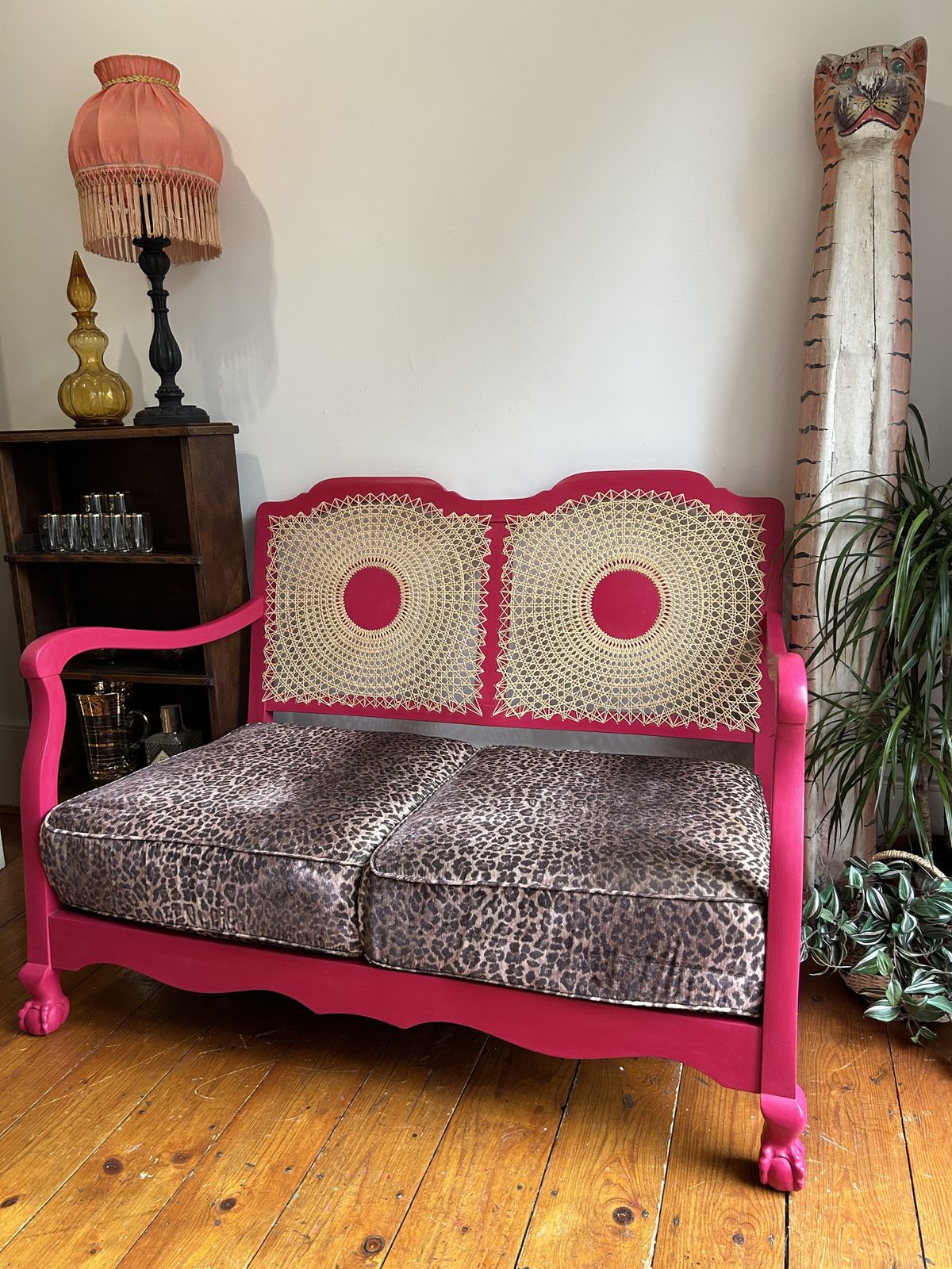 Pink And Leopard Print Cane Two Seater Sofa photo buy