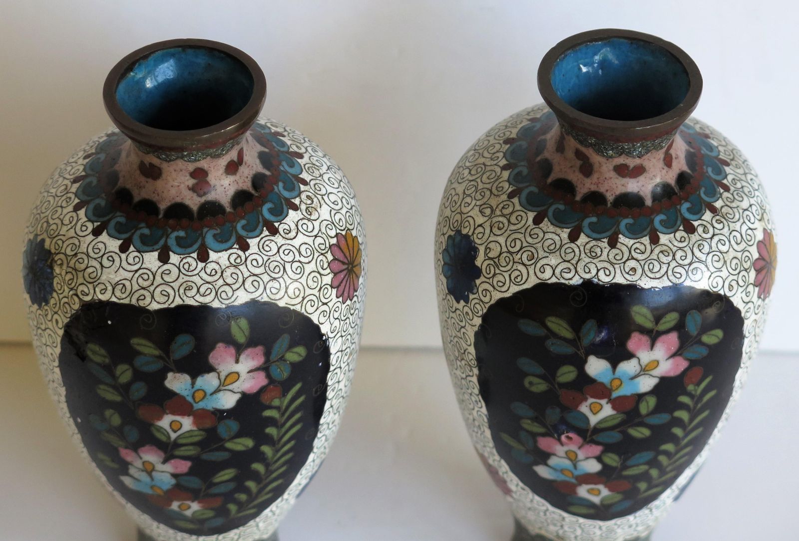 372.0 Japanese Cloisonné Vases Butterflies & Flowers, 19th Century Meiji Period, Pair photo