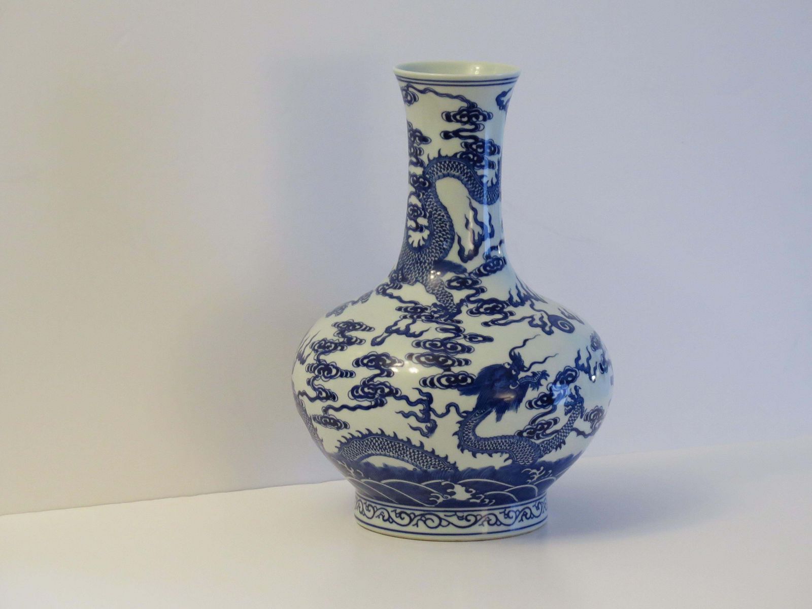 Chinese Export Vase Porcelain Blue & White Hand Painted Dragons, Circa 1950 photo for sale