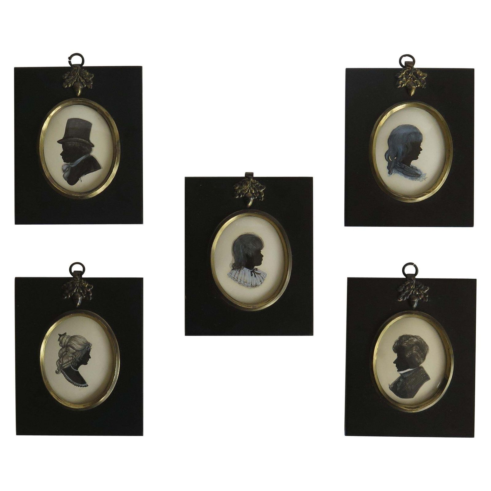 Set Of Five Silhouette Miniatures All Hand Painted By Dorothy Turton Rms, 20thc