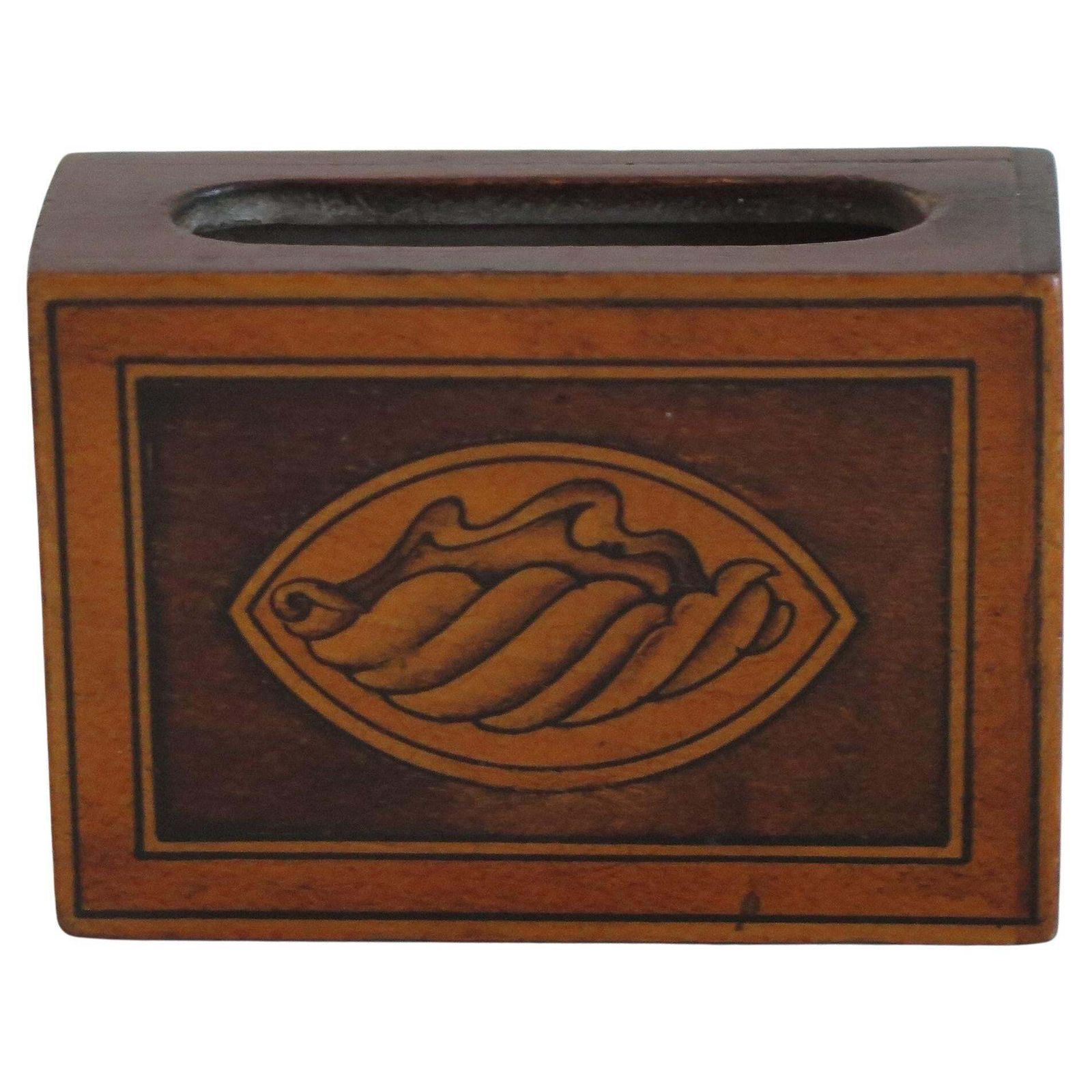 Antique Hardwood Matchbox Holder With Fine Shell Patera Inlay, Late 19th Century