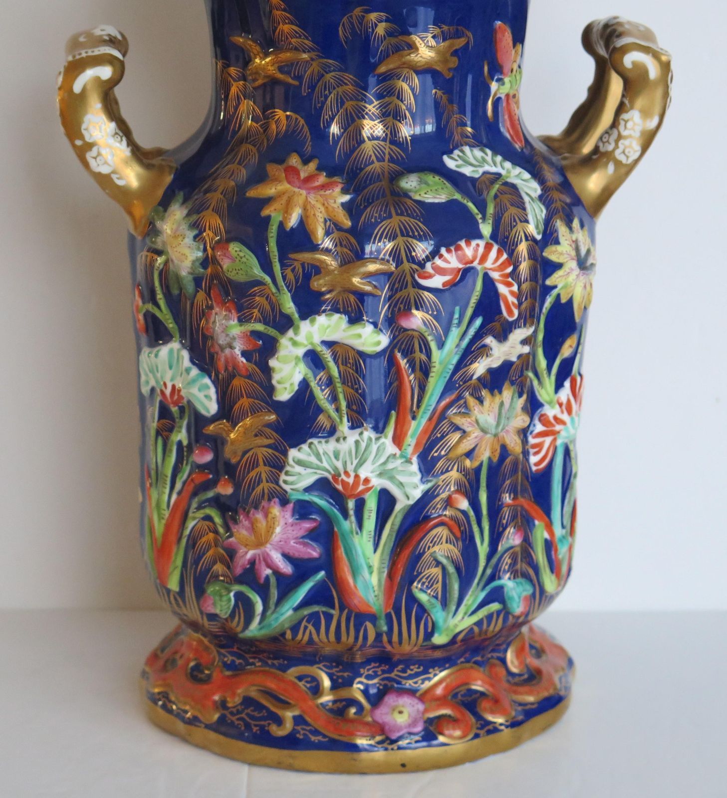 Rare Large Masons Ironstone Covered Vase With Relief Motifs, Circa 1825 photo for sale