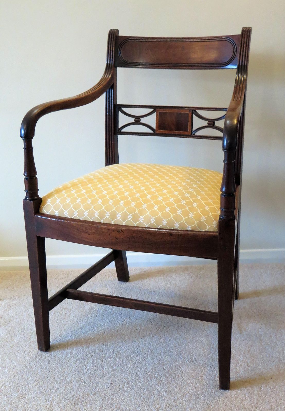 Georgian Armchair Carved Inlaid Mahogany, English Sheraton Circa 1790 photo for sale