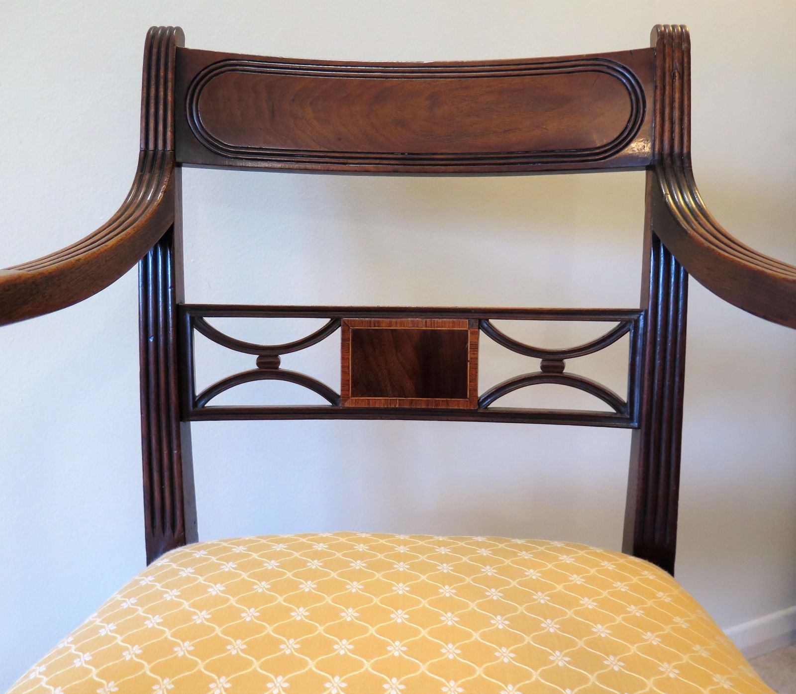 Furniture Georgian Armchair Carved Inlaid Mahogany, English Sheraton Circa 1790 photo