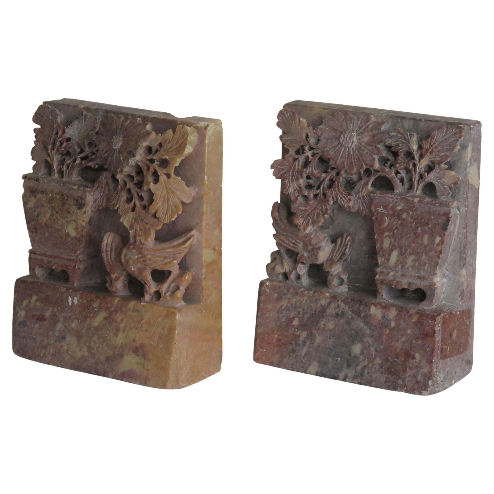 Chinese Bookends Of Soapstone Hand Carved, Republic Period Circa 1920s