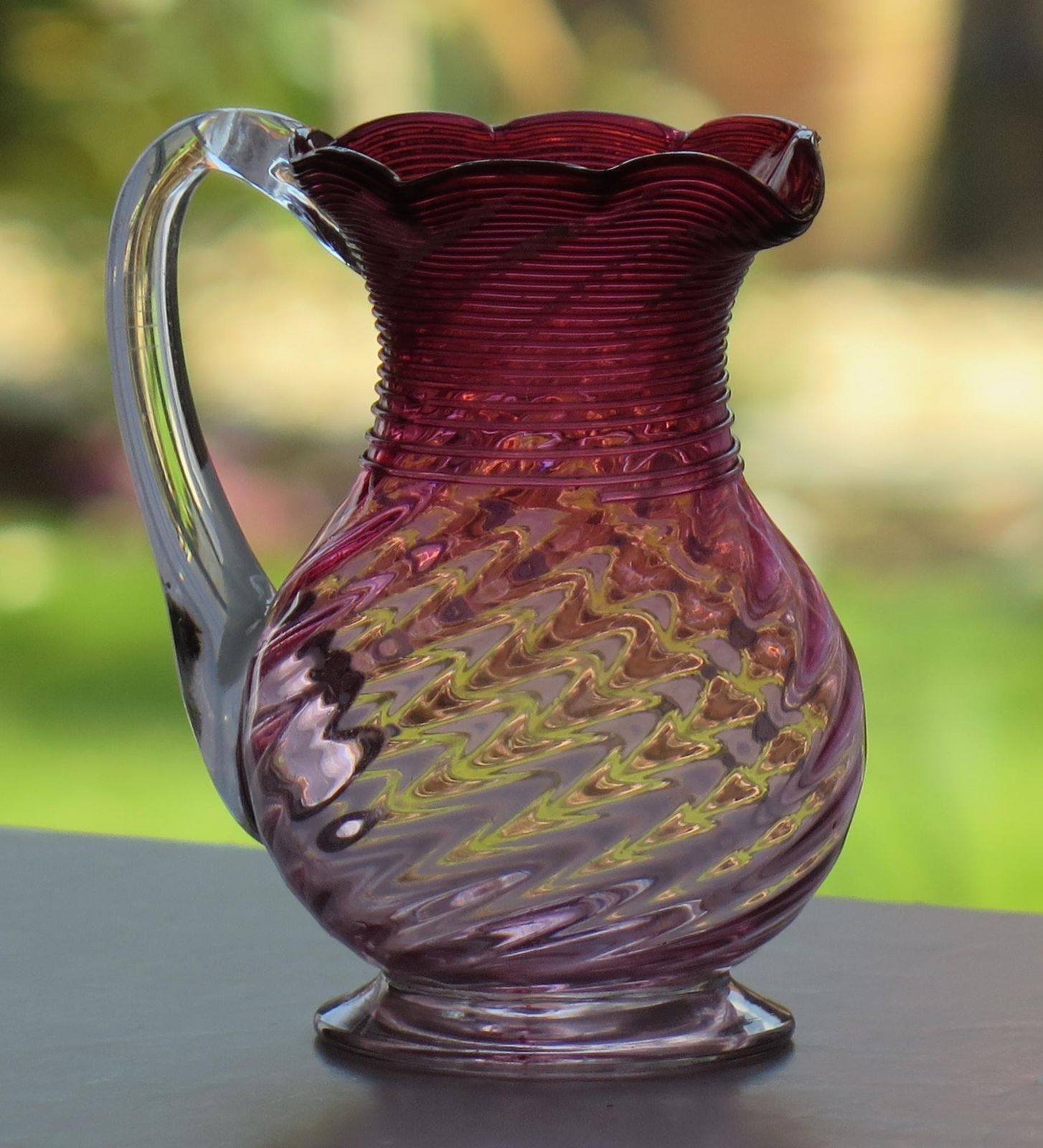 19th Century Cranberry Glass Milk Or Cream Jug Wrythen Moulded, English Ca 1870 photo Home Decor