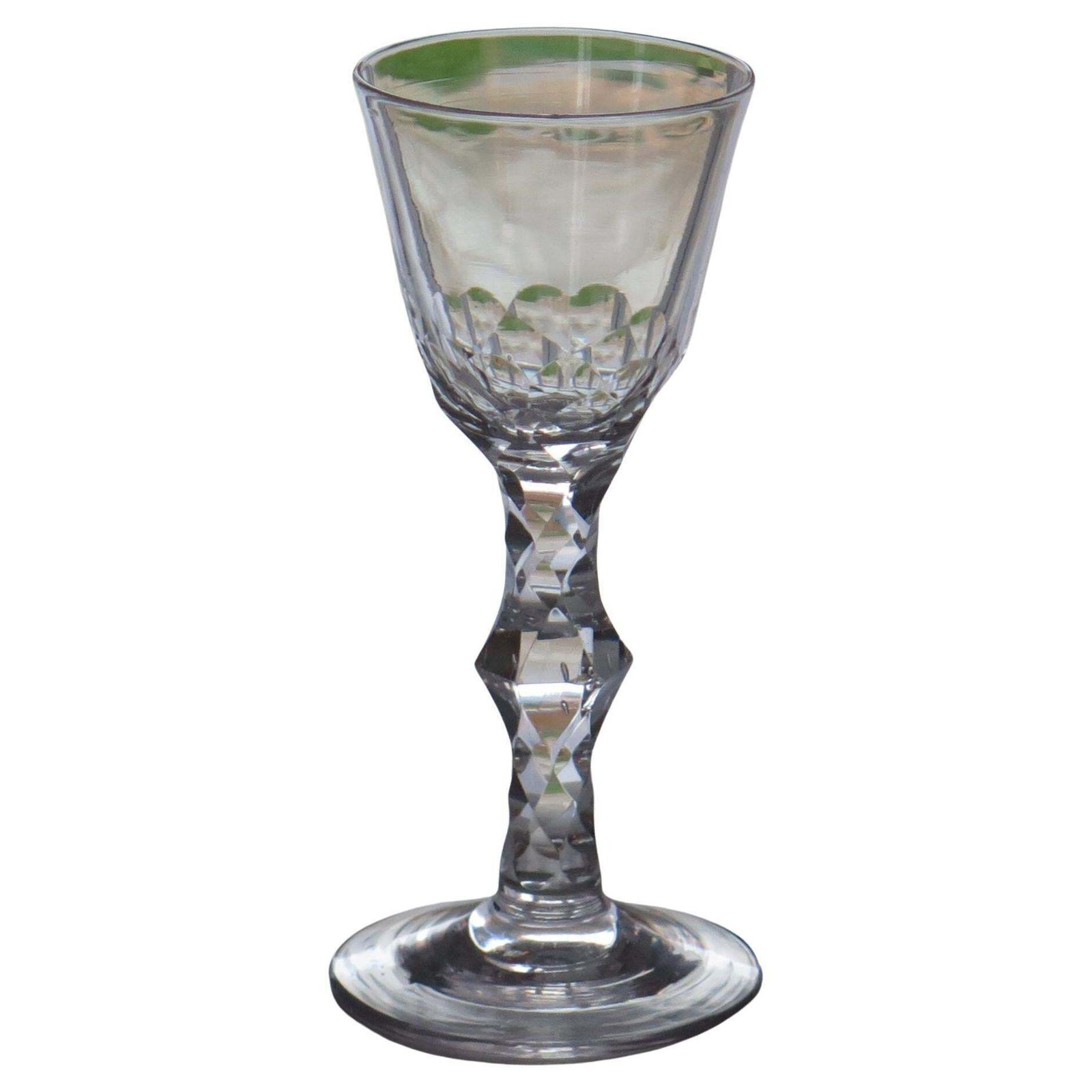 18th C Georgian Wine Drinking Glass Facet Cut Stem Hand Blown, Ca 1785