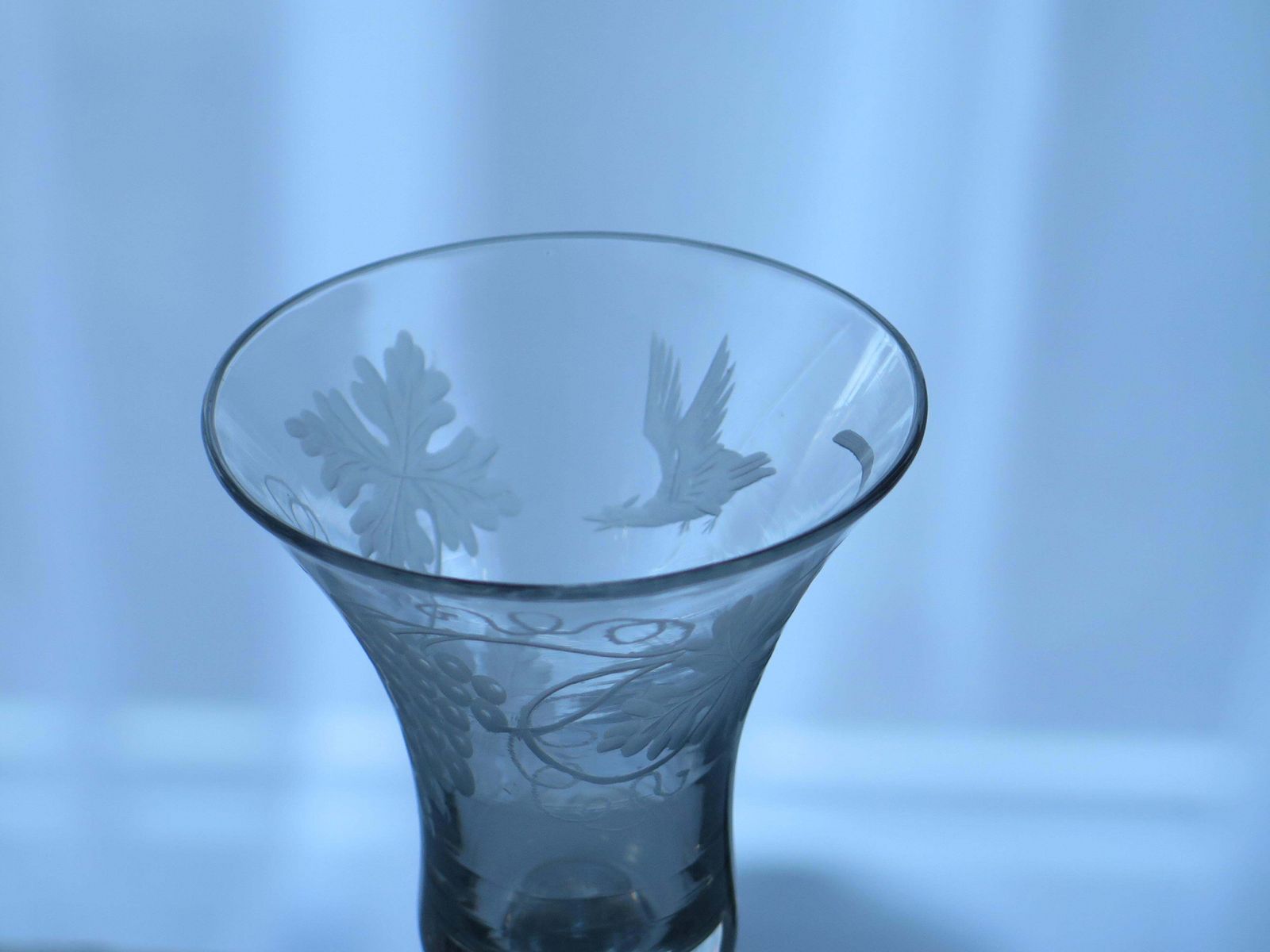 657.0 George II English Wine Drinking Glass Engraved Bell Bowl Hand Blown, Circa 1745 photo