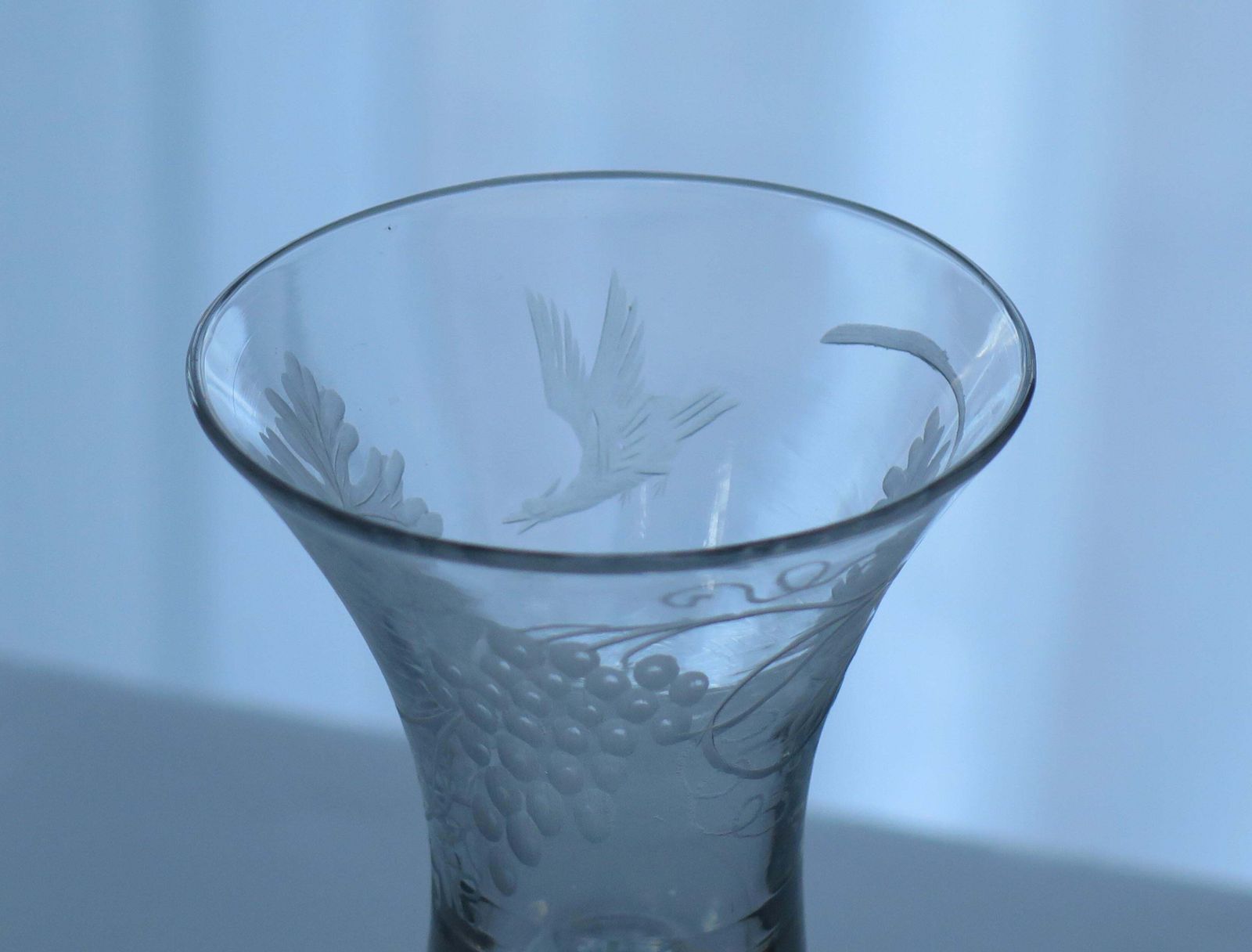 photo buy George II English Wine Drinking Glass Engraved Bell Bowl Hand Blown, Circa 1745