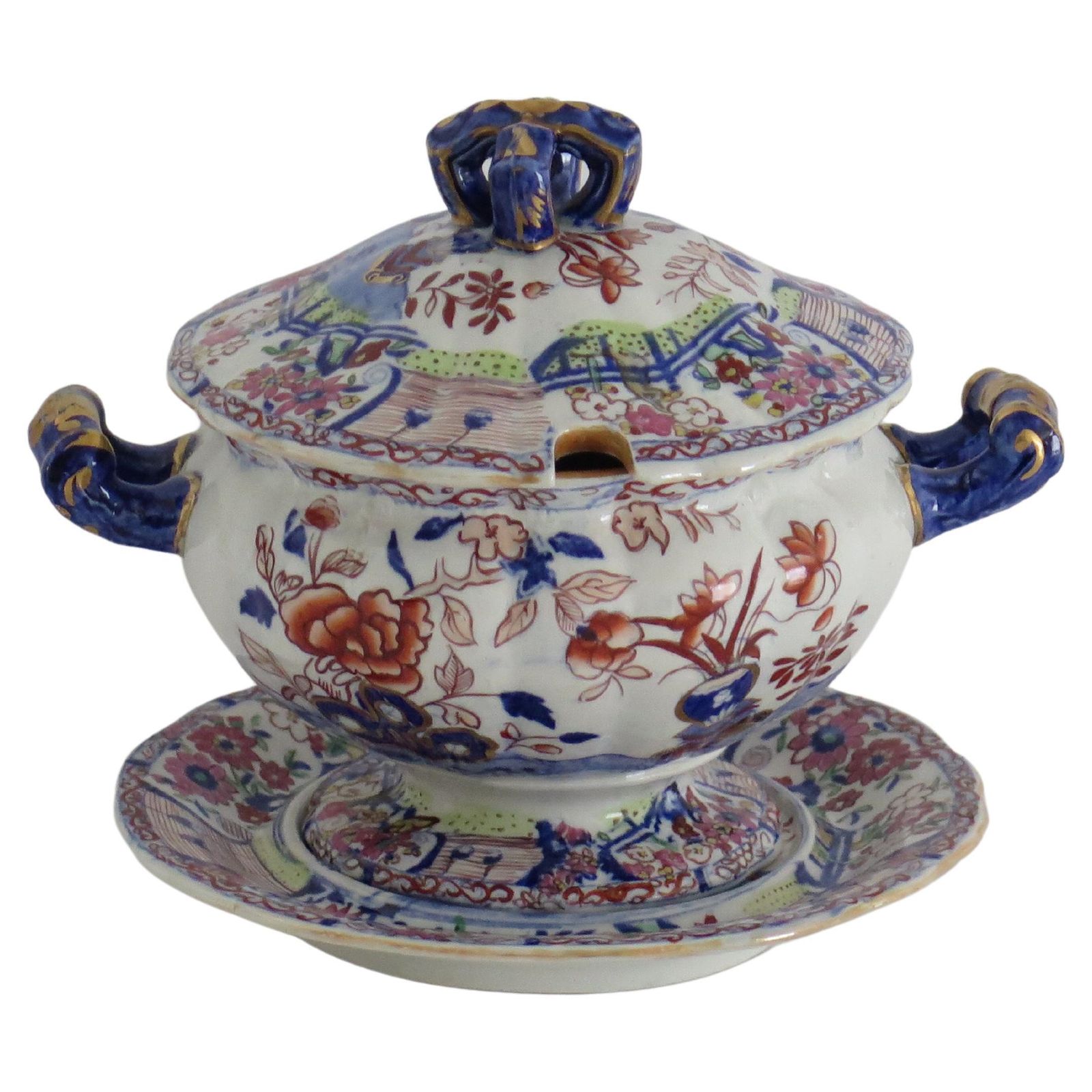 Georgian Masons Ironstone Sauce Tureen & Base Plate Vase & Rock Ptn, Circa 1818