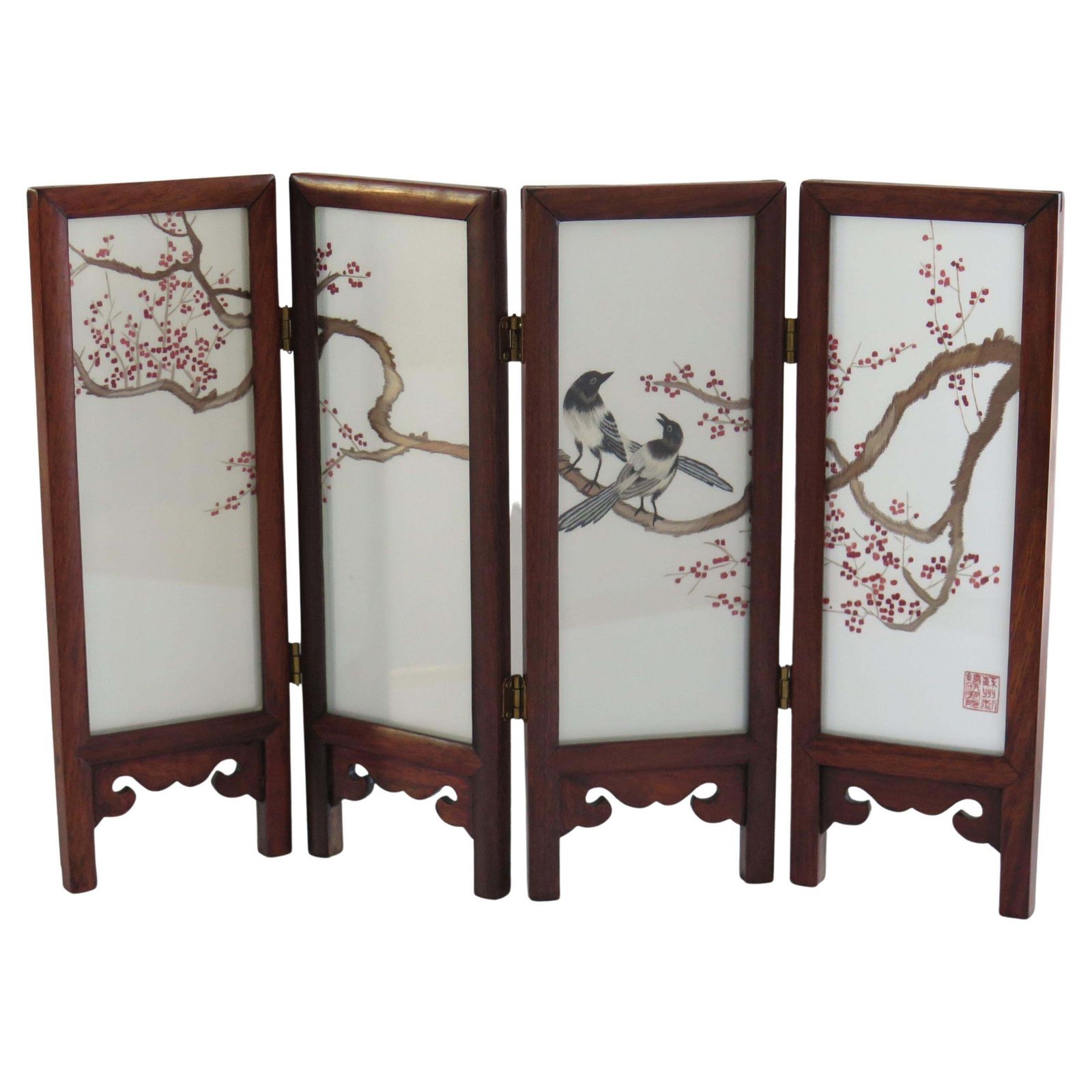 Chinese Folding Screen For Desk Hardwood & Silk Hand Decorated, Circa 1960