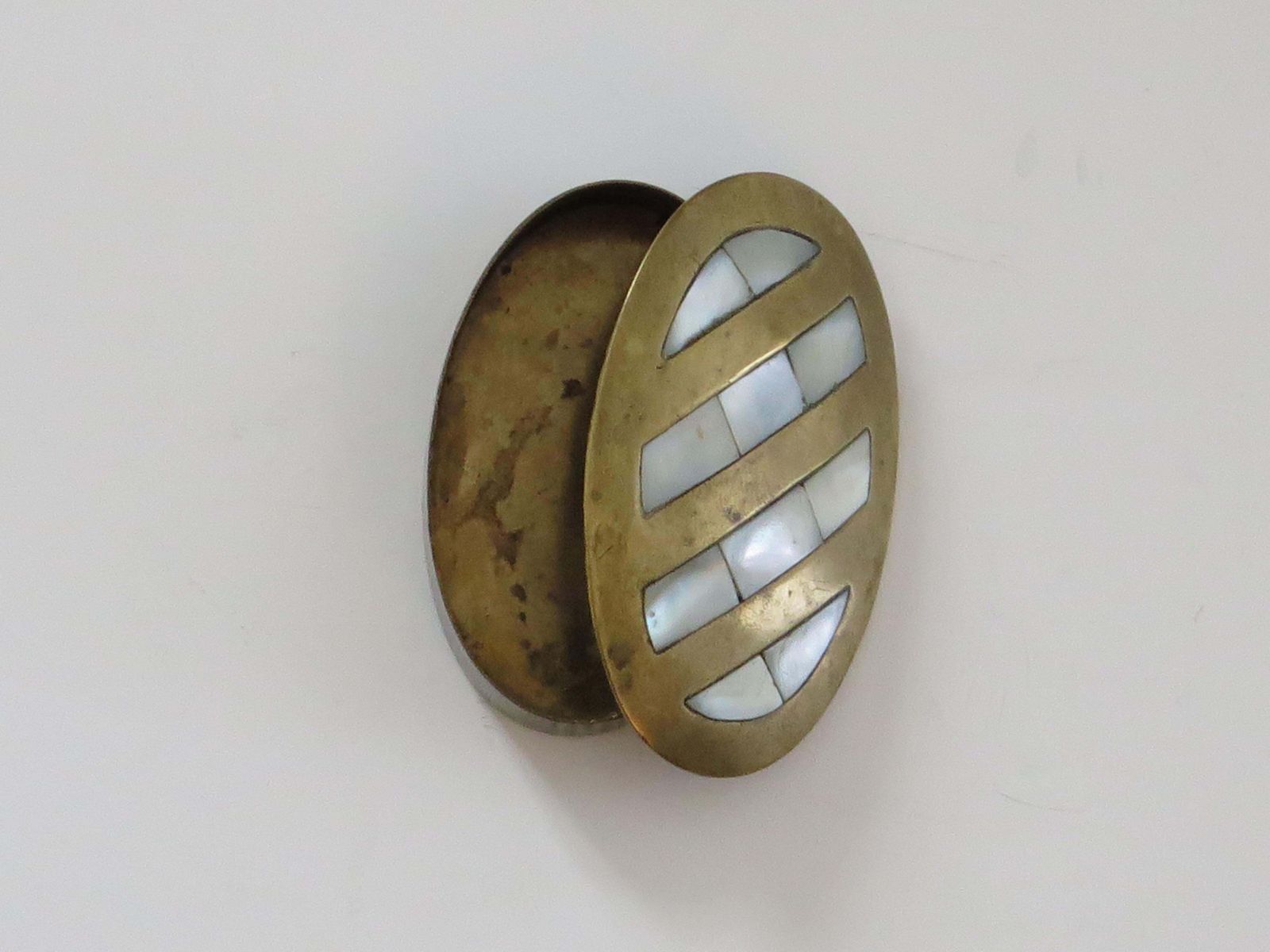 Antique Metal Pill Box With Mother Of Pearl Inlay To Lid, English Edwardian photo furniture