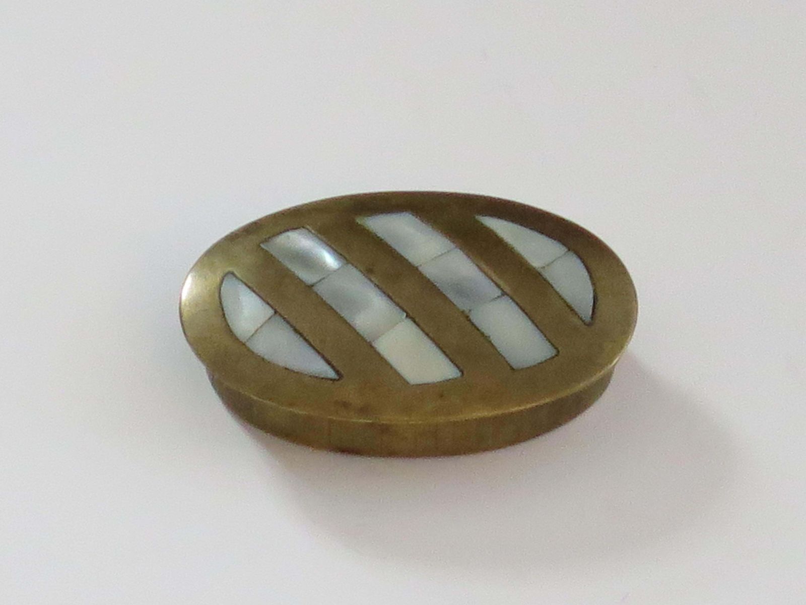 Antique Metal Pill Box With Mother Of Pearl Inlay To Lid, English Edwardian photo for sale