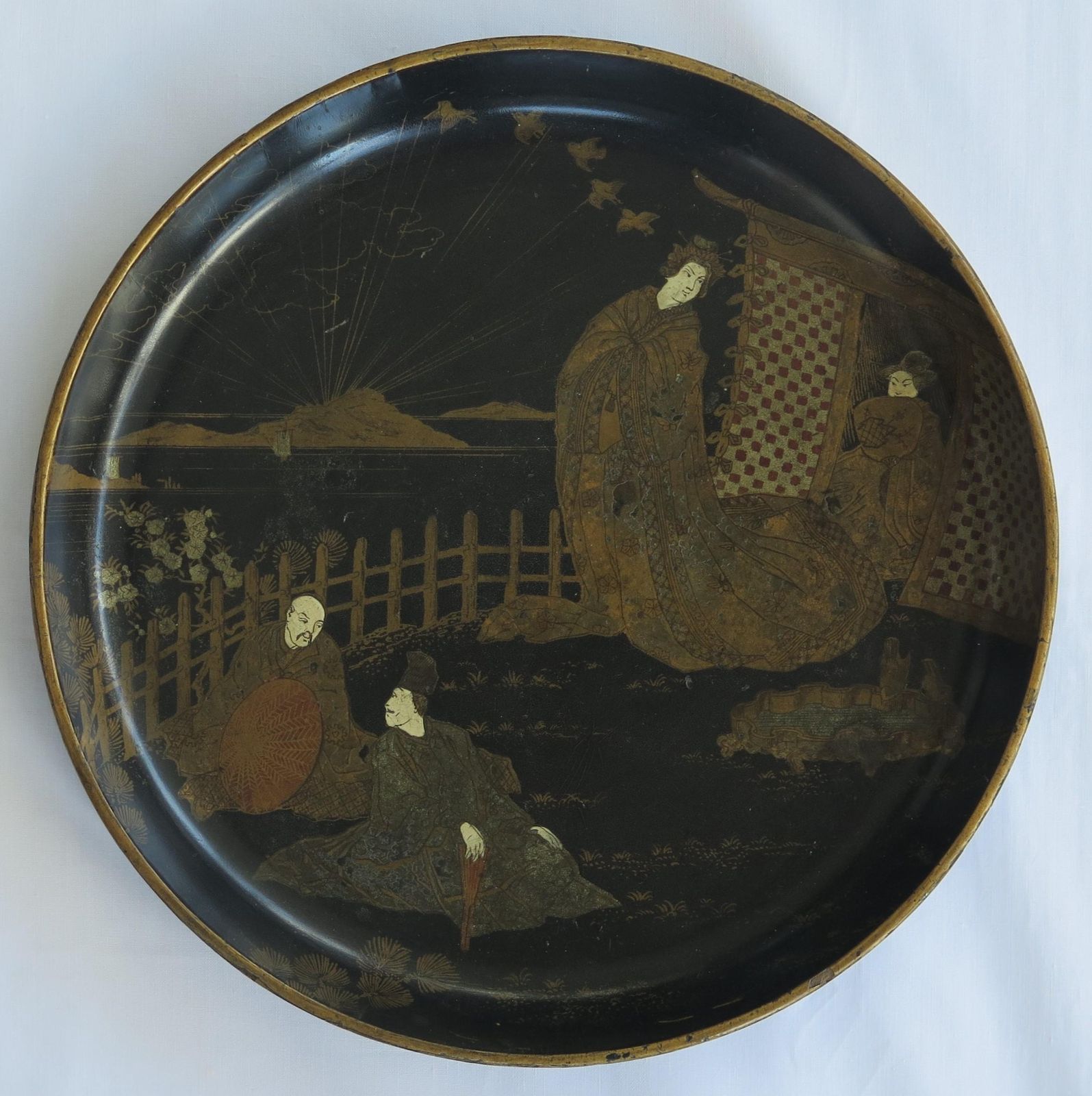 Japanese Laquered Tray Decorated With People On A Verandah, Meiji Period photo furniture