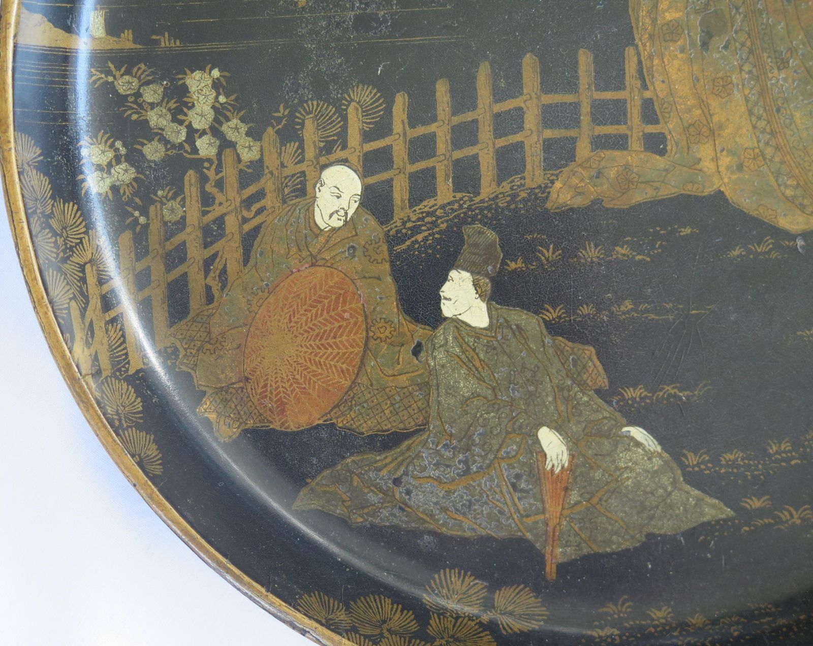 Japanese Laquered Tray Decorated With People On A Verandah, Meiji Period photo vintage