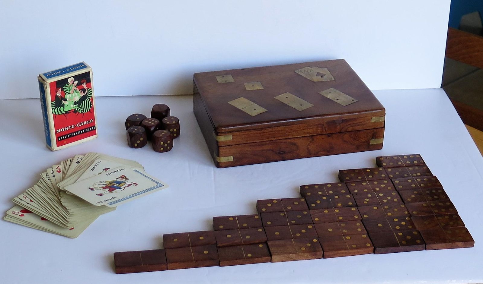 Complete Handmade Game Box With Dominoes, Six Dice & Playing Cards, Circa 1940s photo 330.0