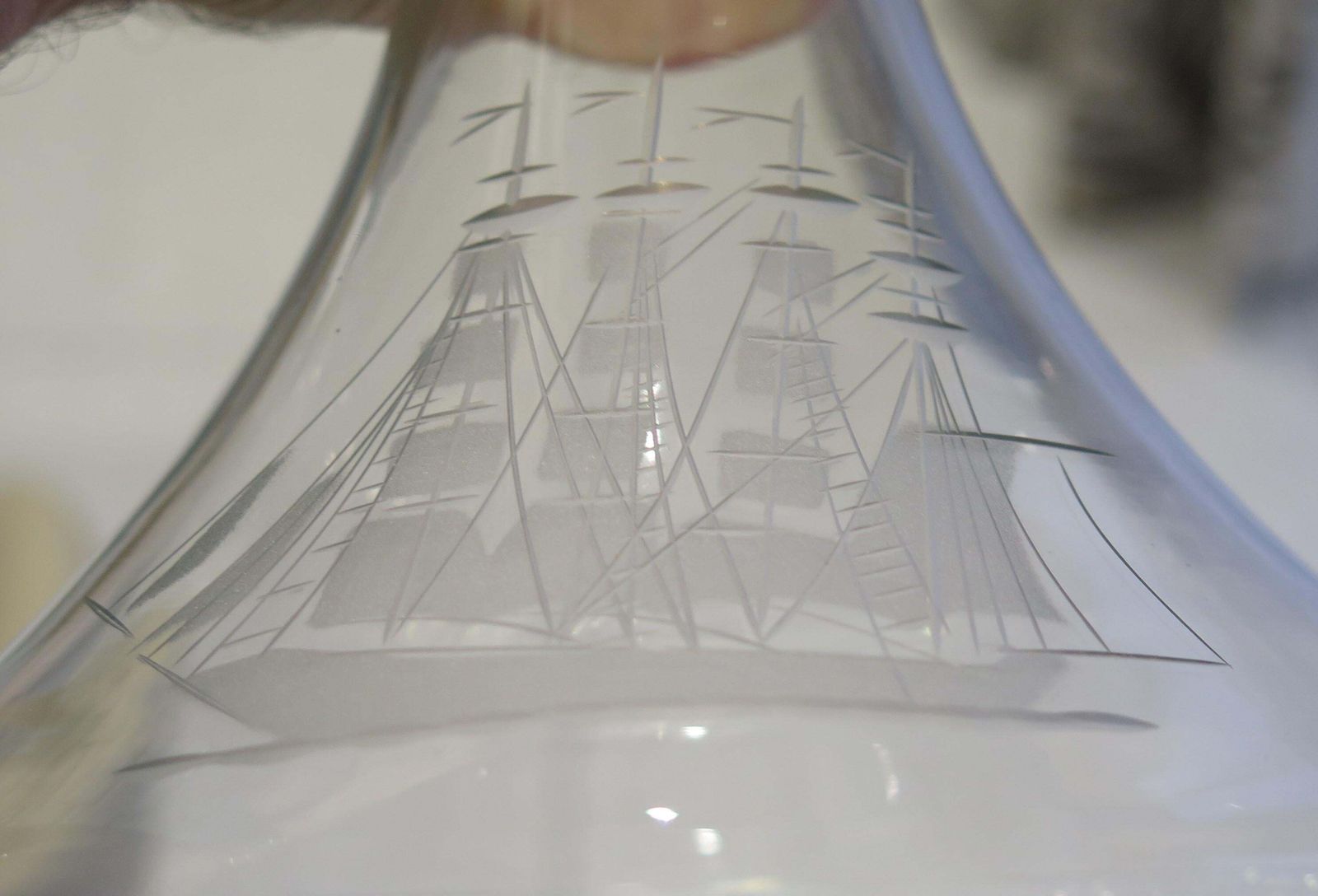 424.0 Large Lead Cut Glass Ship's Decanter With Engraved Sailing Ship, Circa 1930 photo