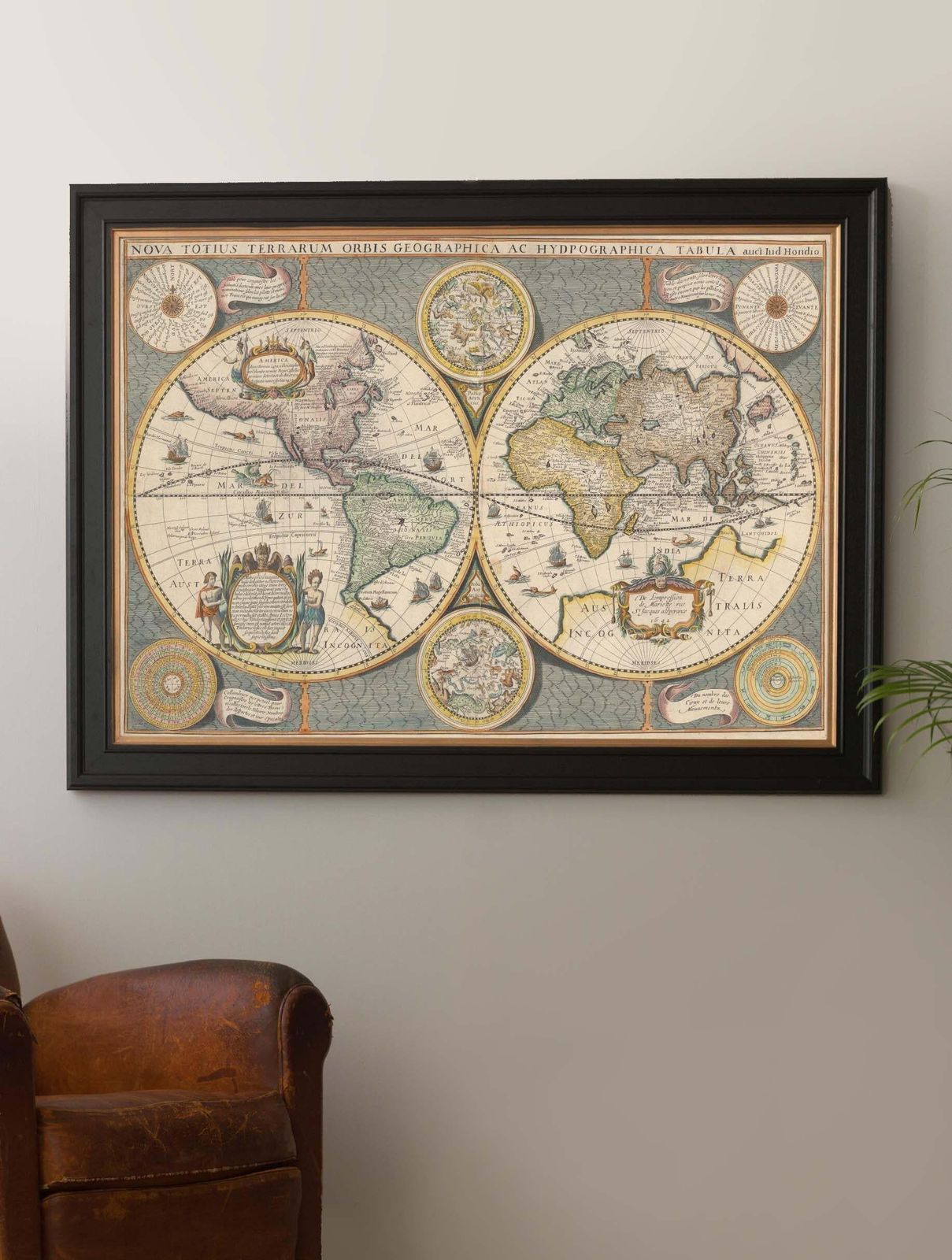 Framed World Map Print Showing Double Hemisphere Dating To 1642 Originally, New photo Art