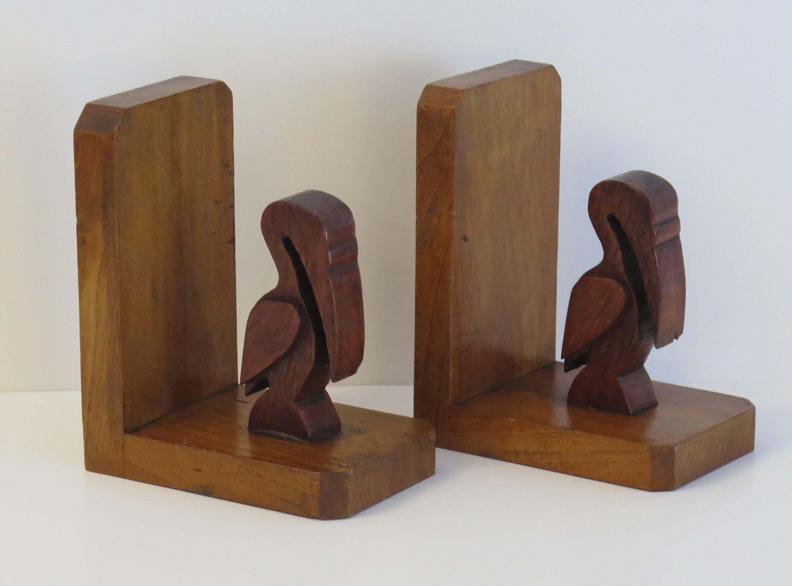 Art Deco Pair Of Pelican Figure Bookends In Hand Carved Woods, Circa 1930 photo furniture