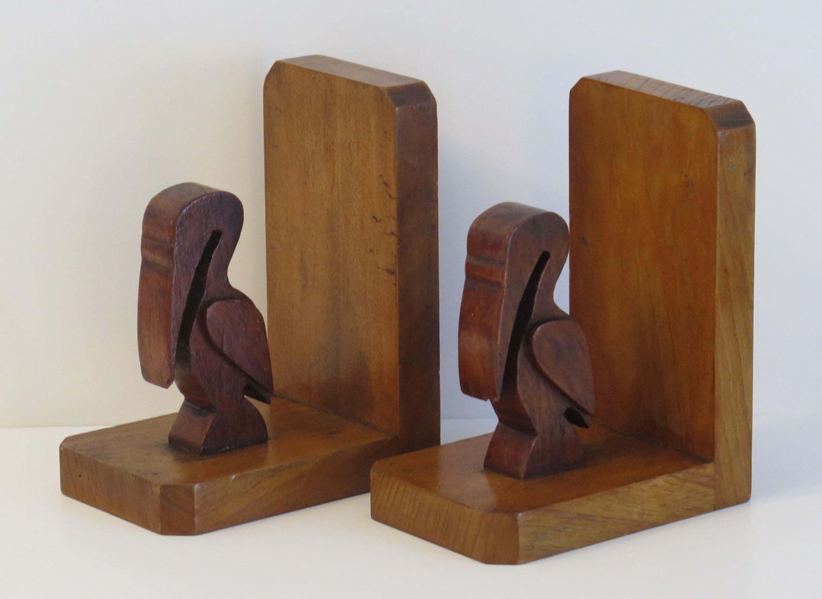 Art Deco Pair Of Pelican Figure Bookends In Hand Carved Woods, Circa 1930 photo 335.0