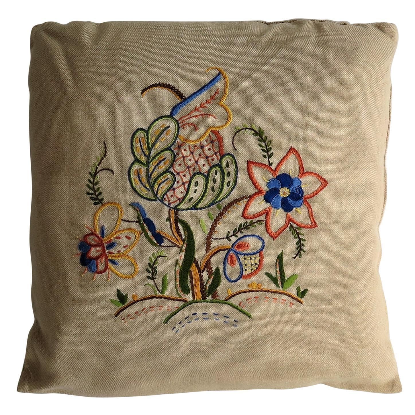 Hand Embroidered Cushion Or Pillow, English Circa 1940s