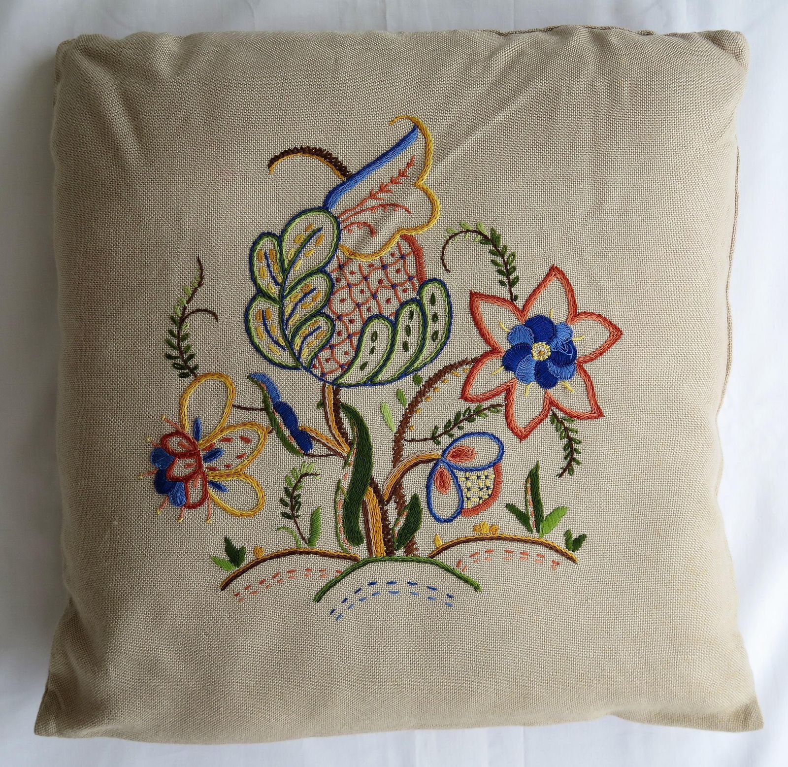 Hand Embroidered Cushion Or Pillow, English Circa 1940s photo Textiles