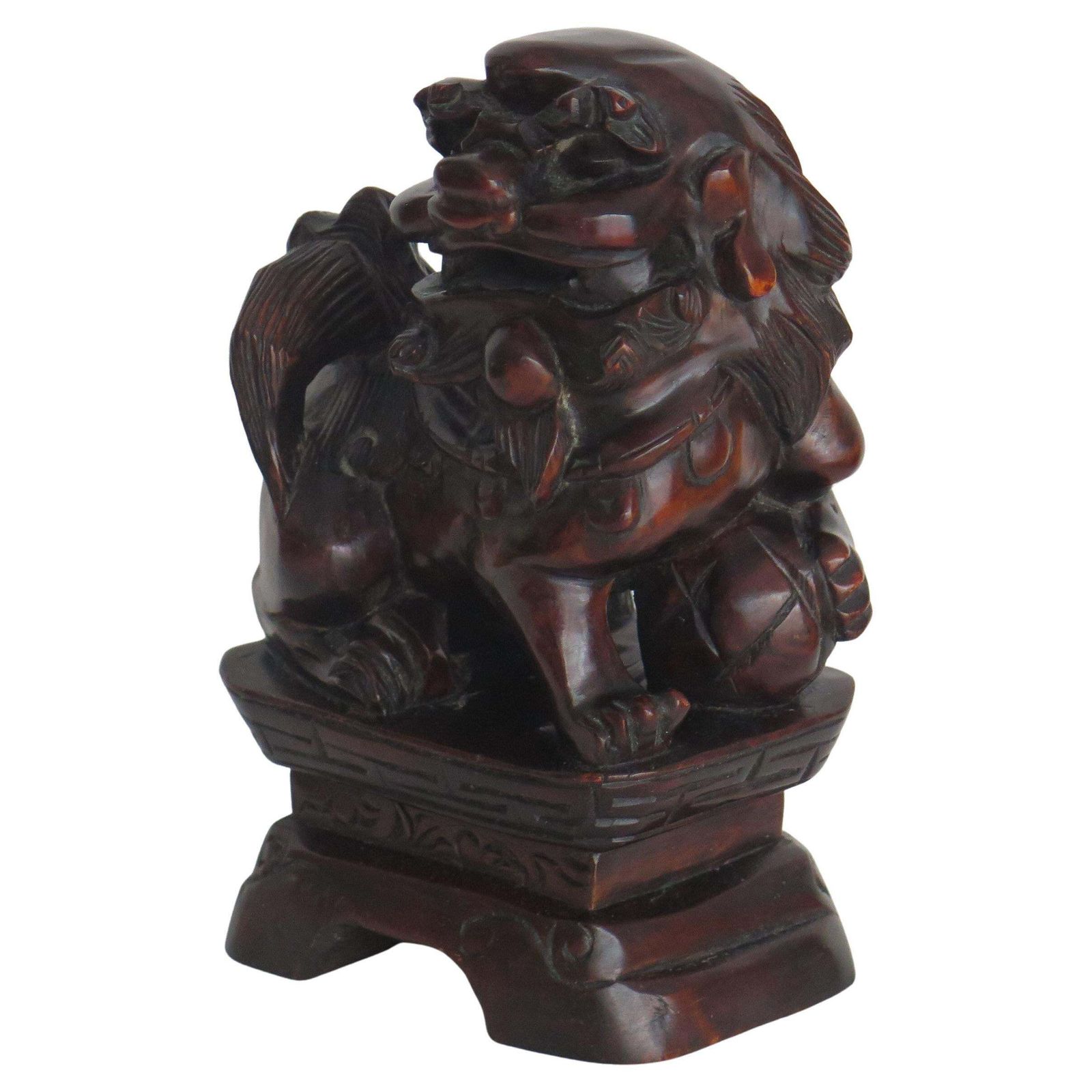 Chinese Foo Dog Hardwood Hand Carved And Signed, Qing Circa 1900 photo for sale