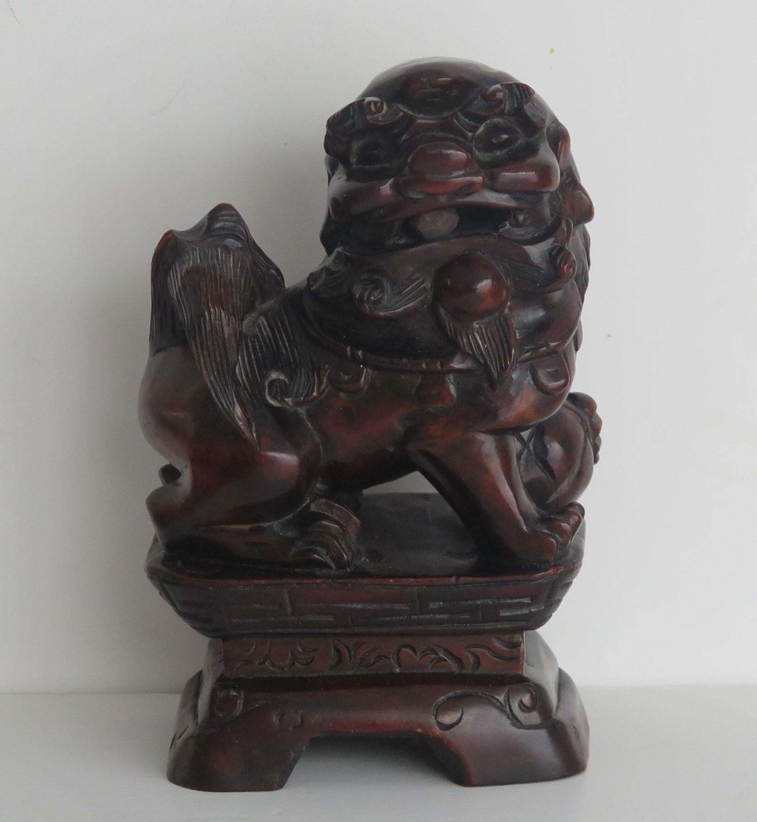 Chinese Foo Dog Hardwood Hand Carved And Signed, Qing Circa 1900 photo 350.0