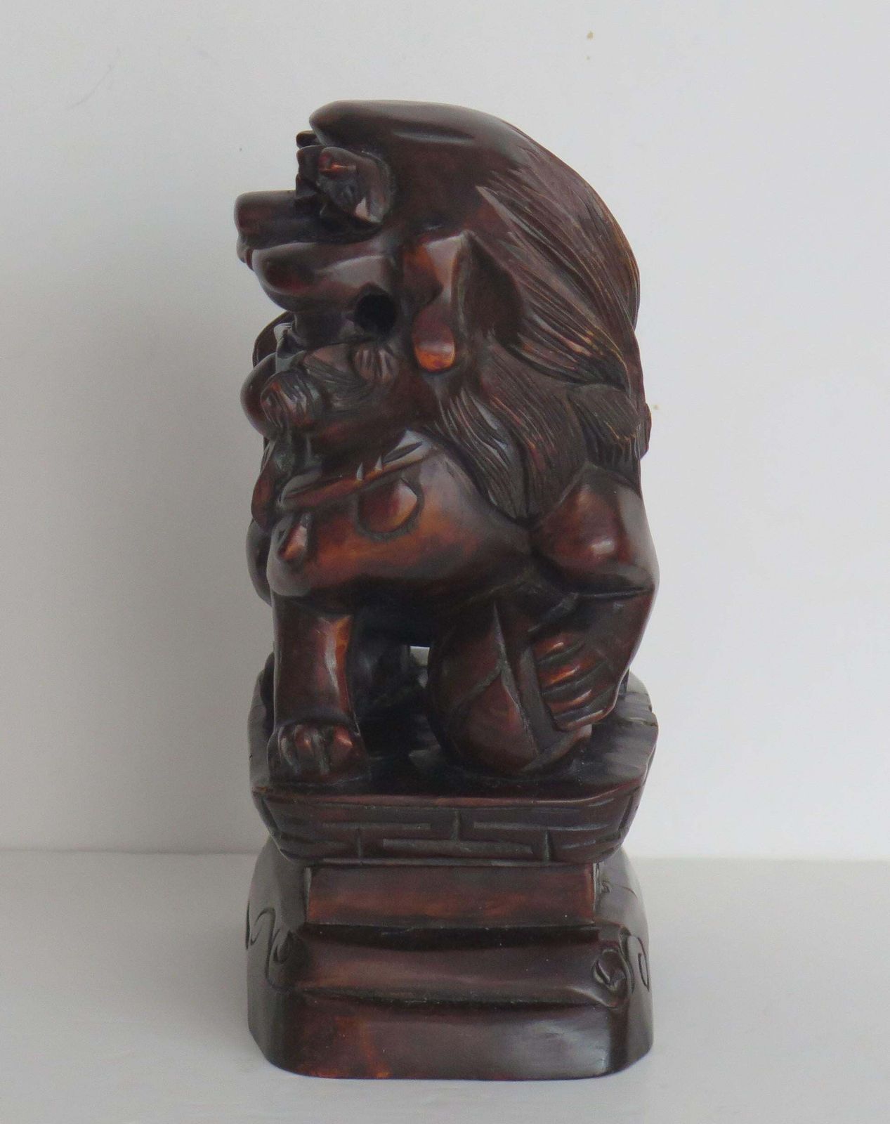 Art Chinese Foo Dog Hardwood Hand Carved And Signed, Qing Circa 1900 photo