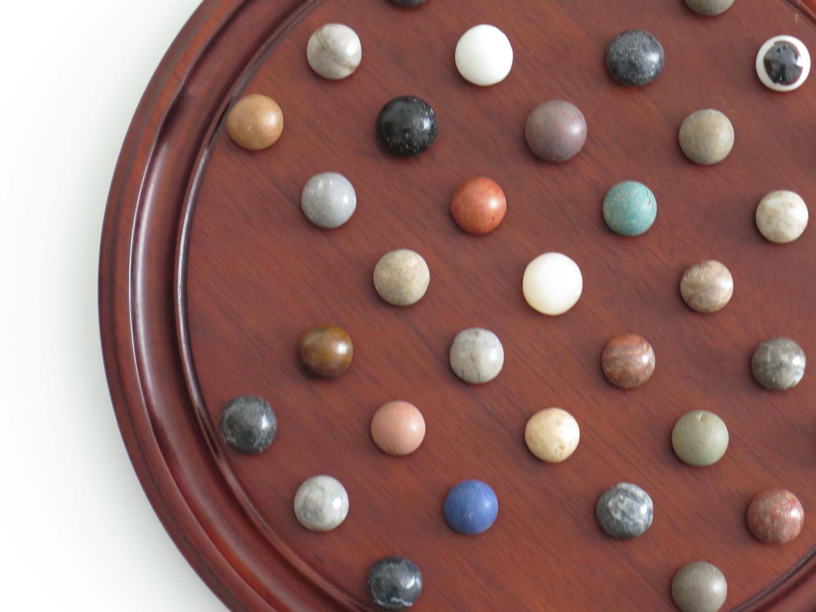 Home Decor Marble Solitaire Game 10 Inch Hardwood Board 35 Mixed Stone Marbles, Circa 1945 photo