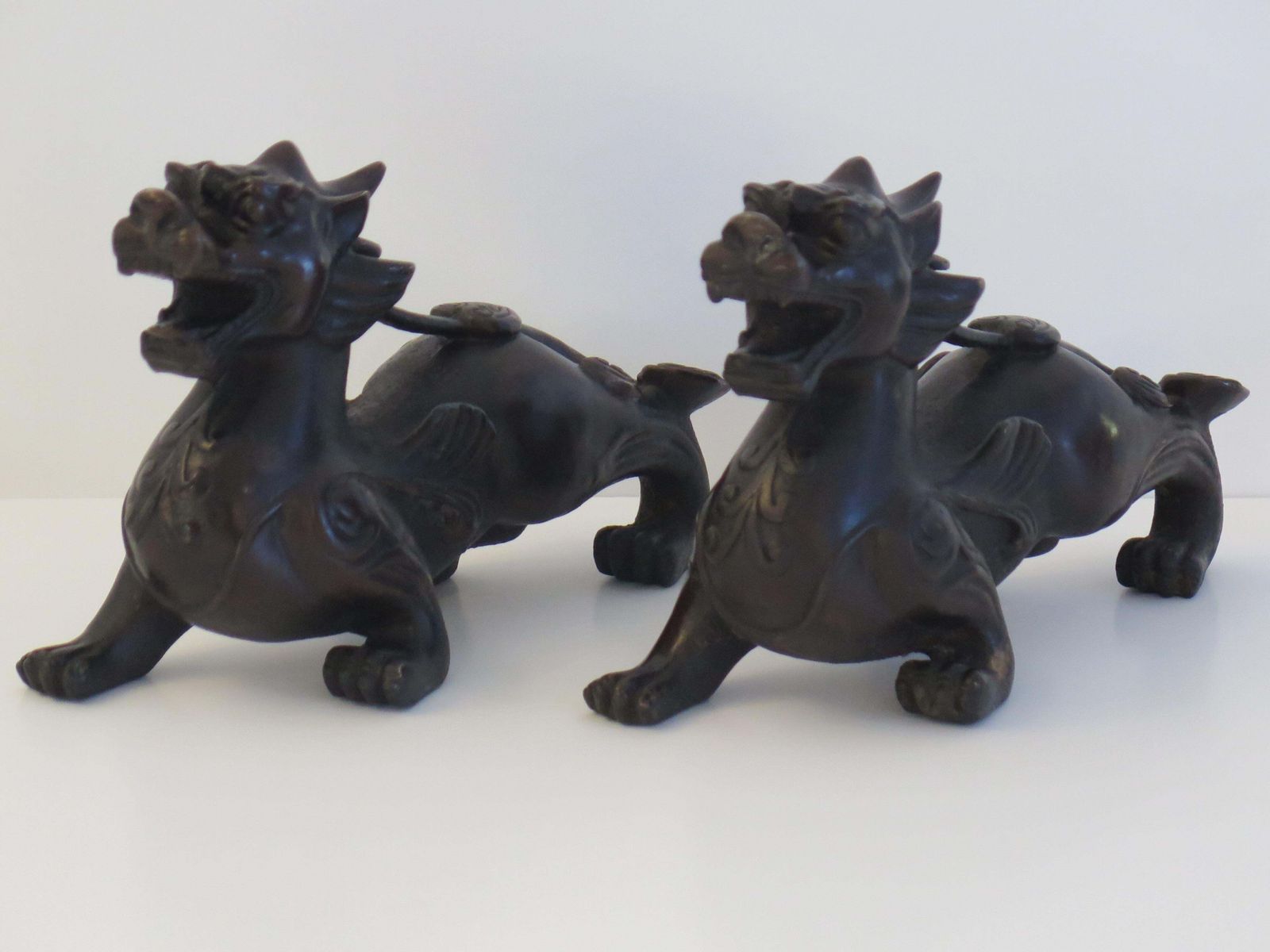 Antique Pair Of Chinese Bronze Foo Dogs Good Detail, 19th Century Qing Dynasty photo Art