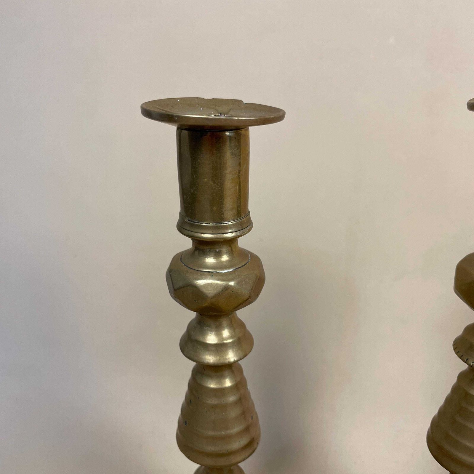 Antique Matching Pair Of Gold Brass Metal Candlestick Candle Stick Vintage Column Taper Dinner Candlesticks Base Pillar photo 55.0