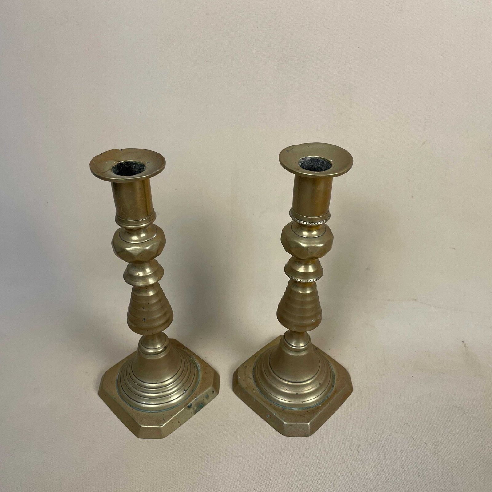 Antique Matching Pair Of Gold Brass Metal Candlestick Candle Stick Vintage Column Taper Dinner Candlesticks Base Pillar photo buy