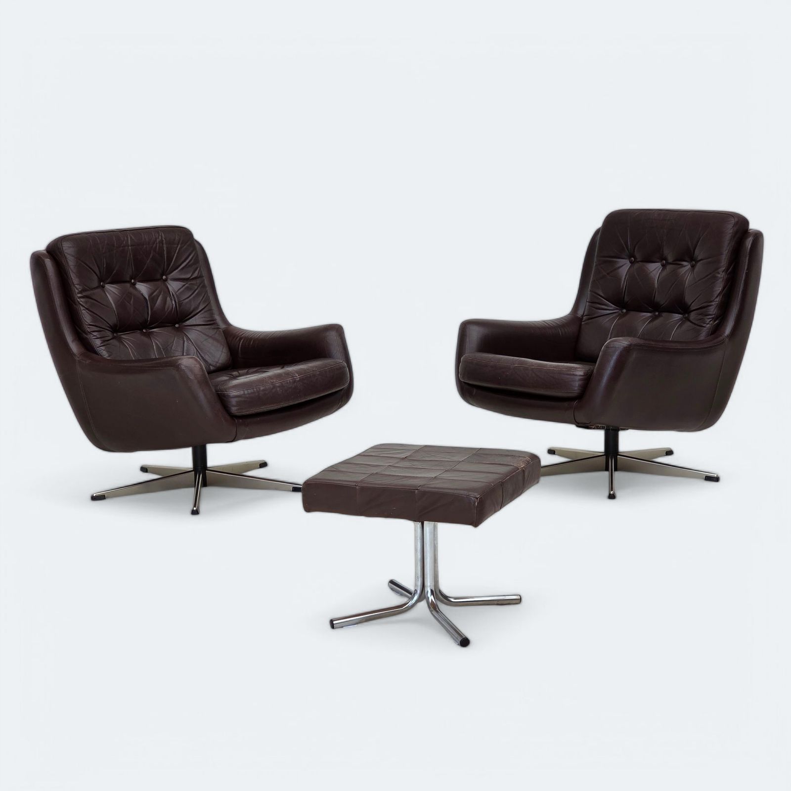 1970s, Set Of Two Swivel Lounge Chairs With Footstool, Leather.