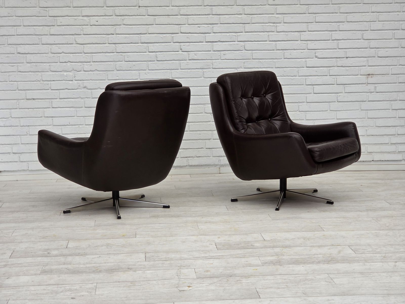 1970s, Set Of Two Swivel Lounge Chairs With Footstool, Leather. photo furniture