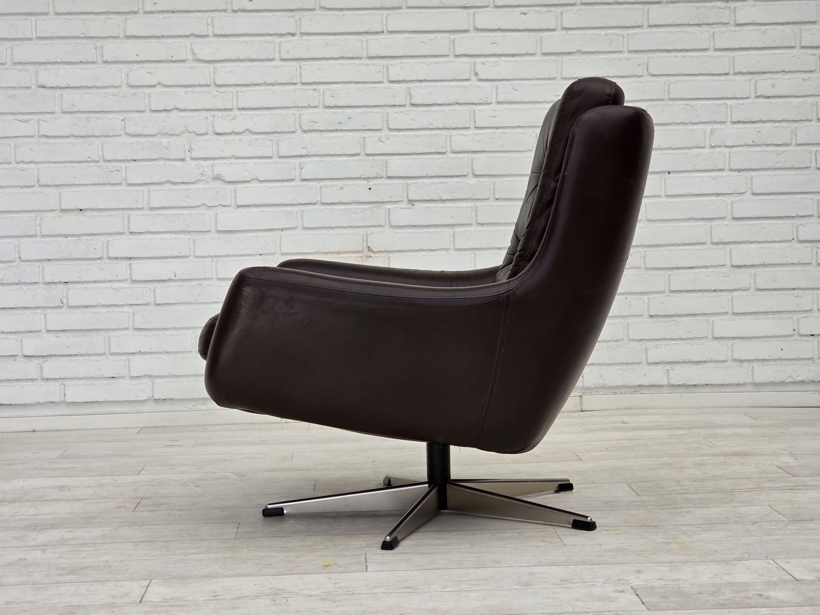 Furniture 1970s, Set Of Two Swivel Lounge Chairs With Footstool, Leather. photo