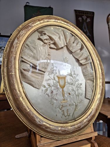 Early 20th Century Gilt Framed, Glass Domed Communion Commemoration. photo for sale