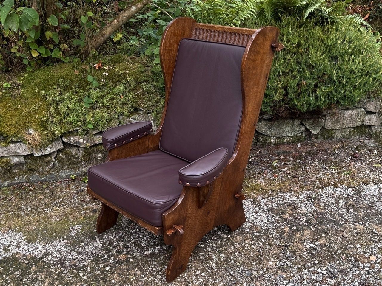 A Nigel Rupert Griffiths Monastic Carved Oak Leather Fireside Chair / Armchair